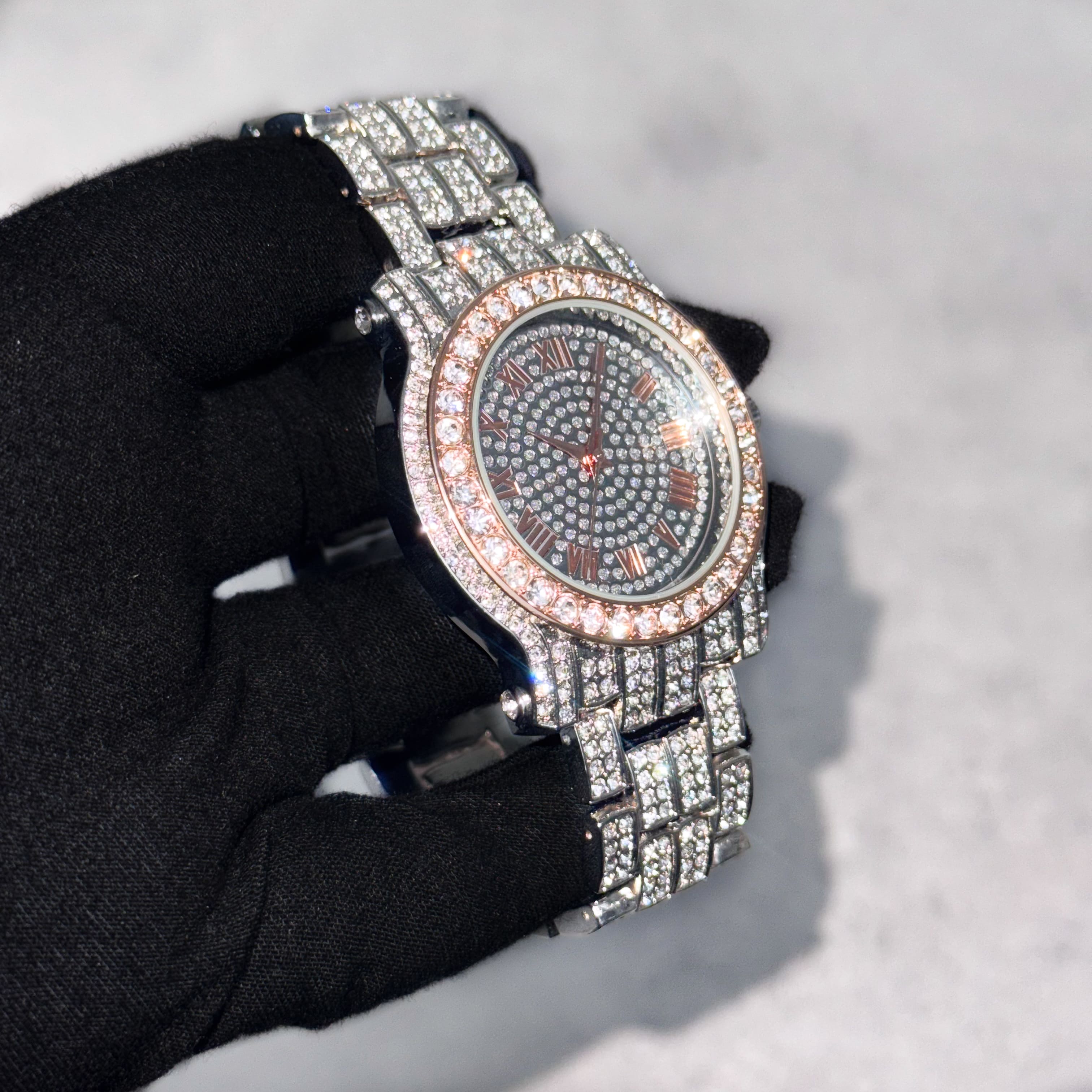 Men's 43mm Iced Out Roman Dial Watch - Metal Band, Quartz Movement