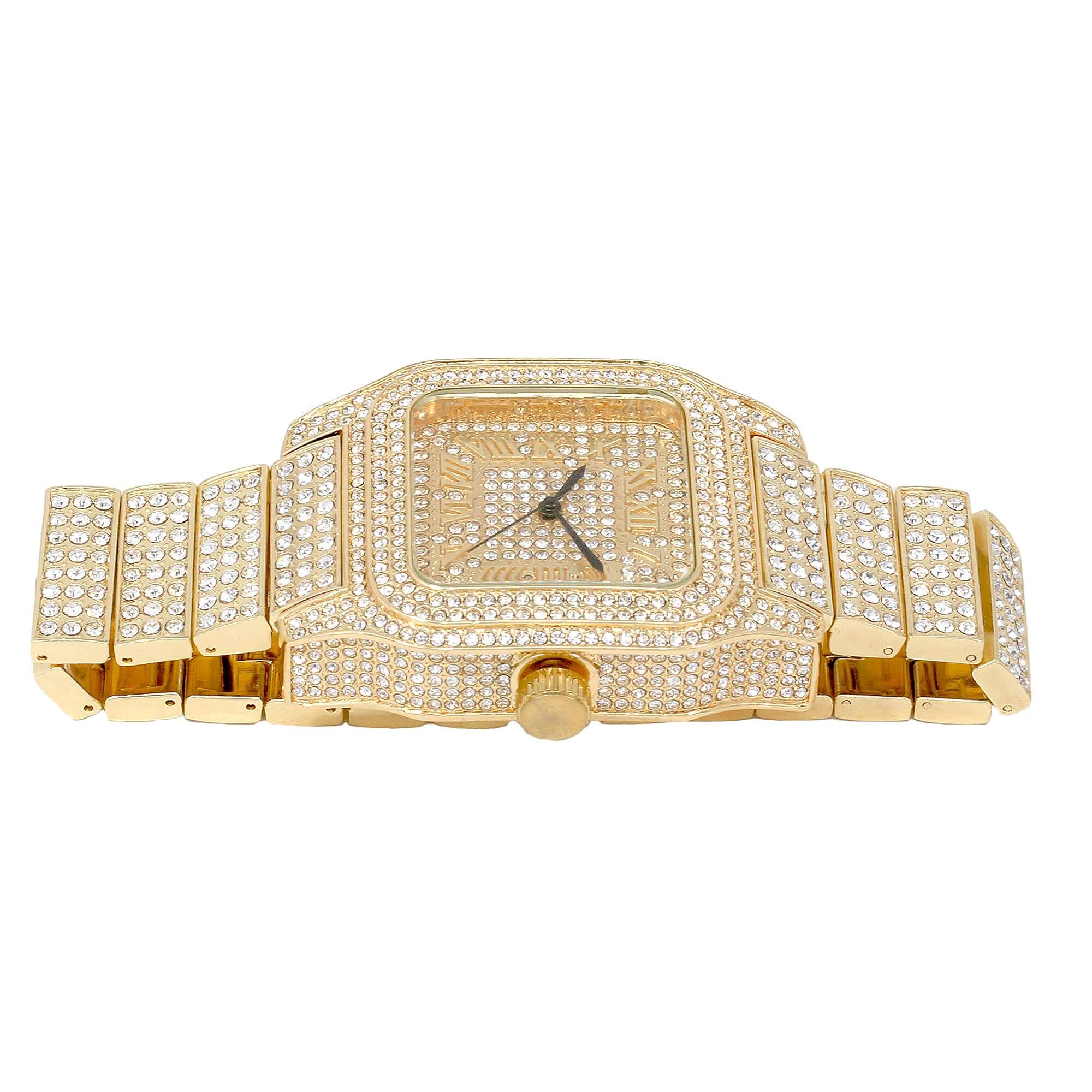 Men's 45mm Square Iced Out Watch - Metal Band, Quartz Movement