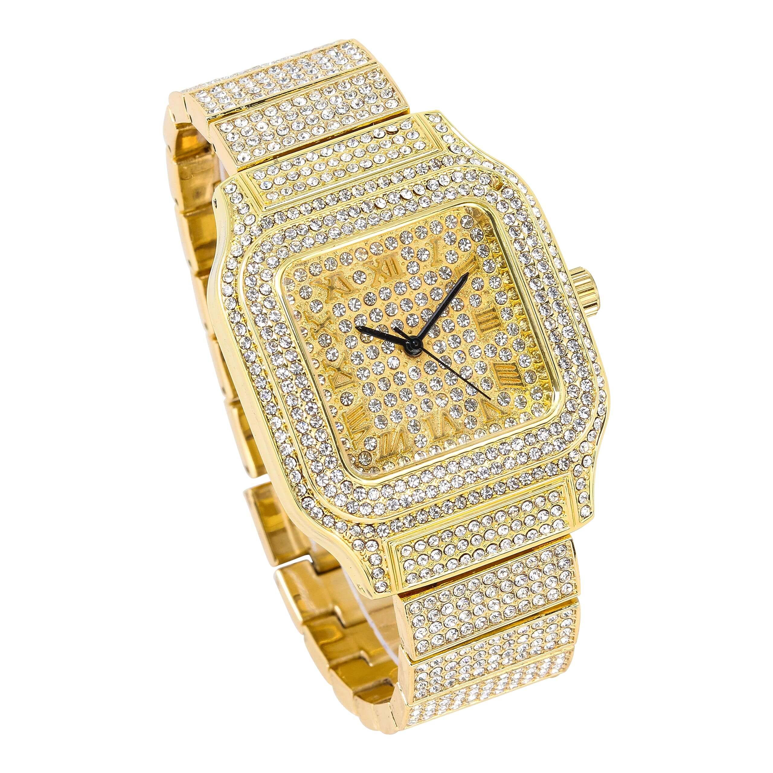 Men's 45mm Square Iced Out Watch - Metal Band, Quartz Movement