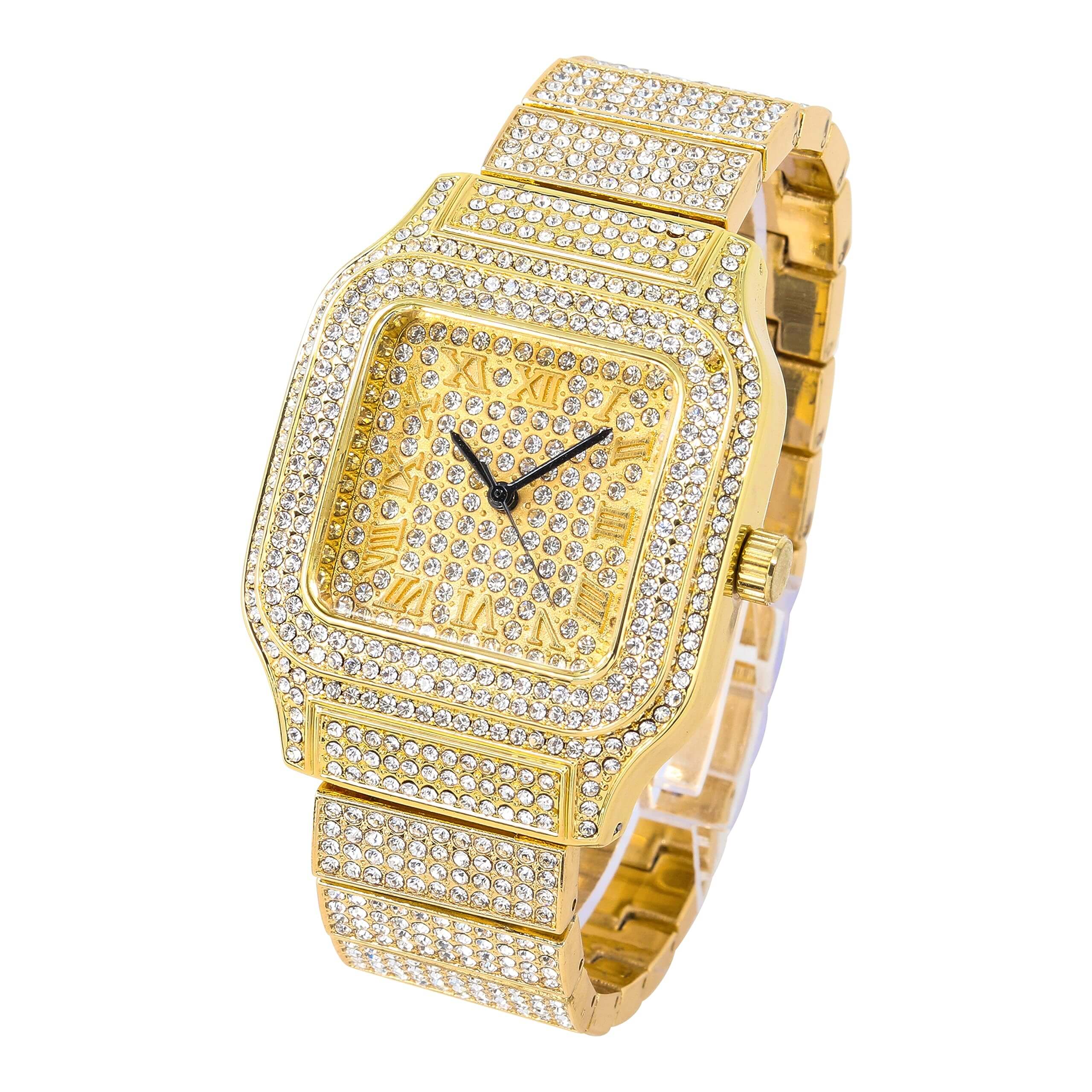 Men's 45mm Square Iced Out Watch - Metal Band, Quartz Movement