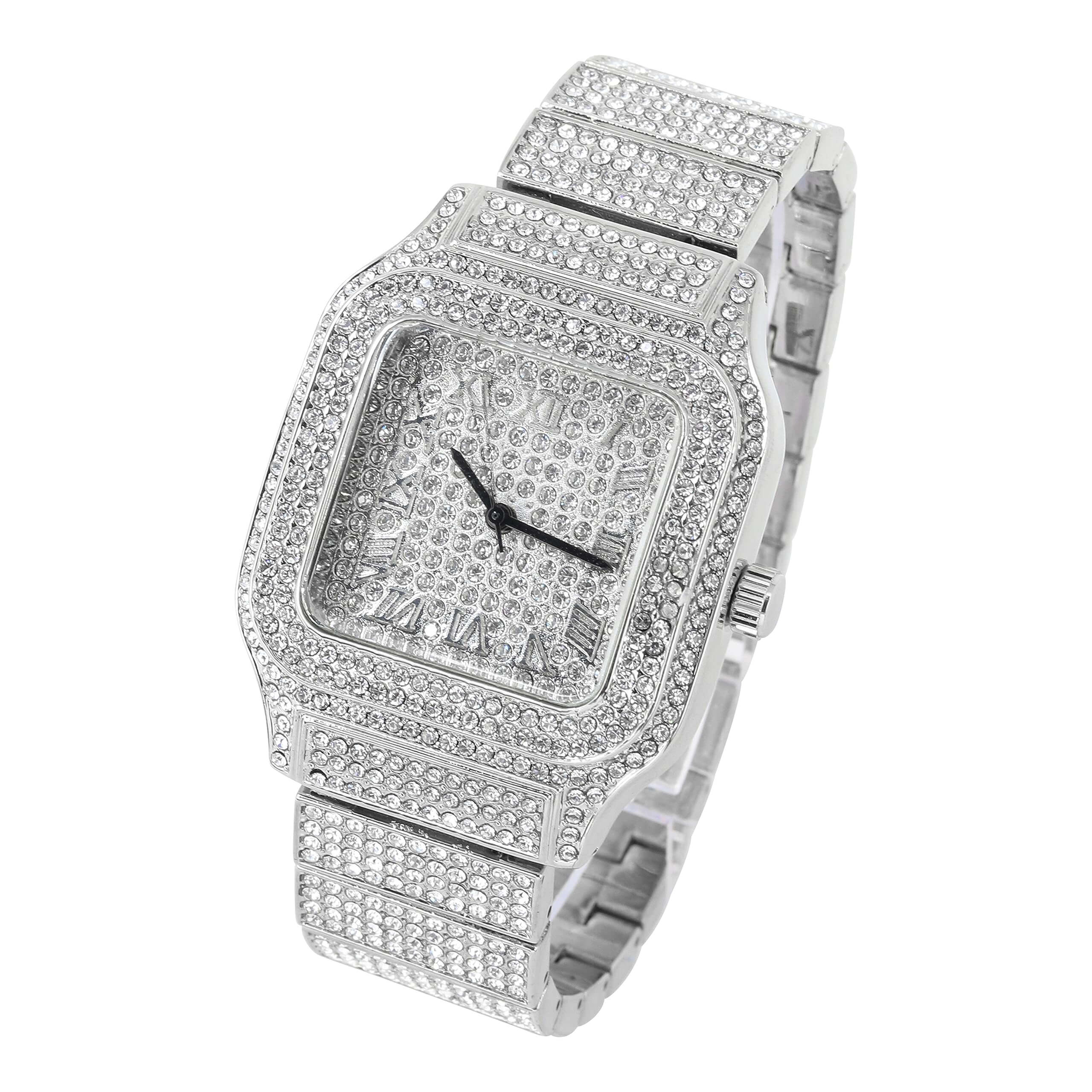 Men's 45mm Square Iced Out Watch - Metal Band, Quartz Movement