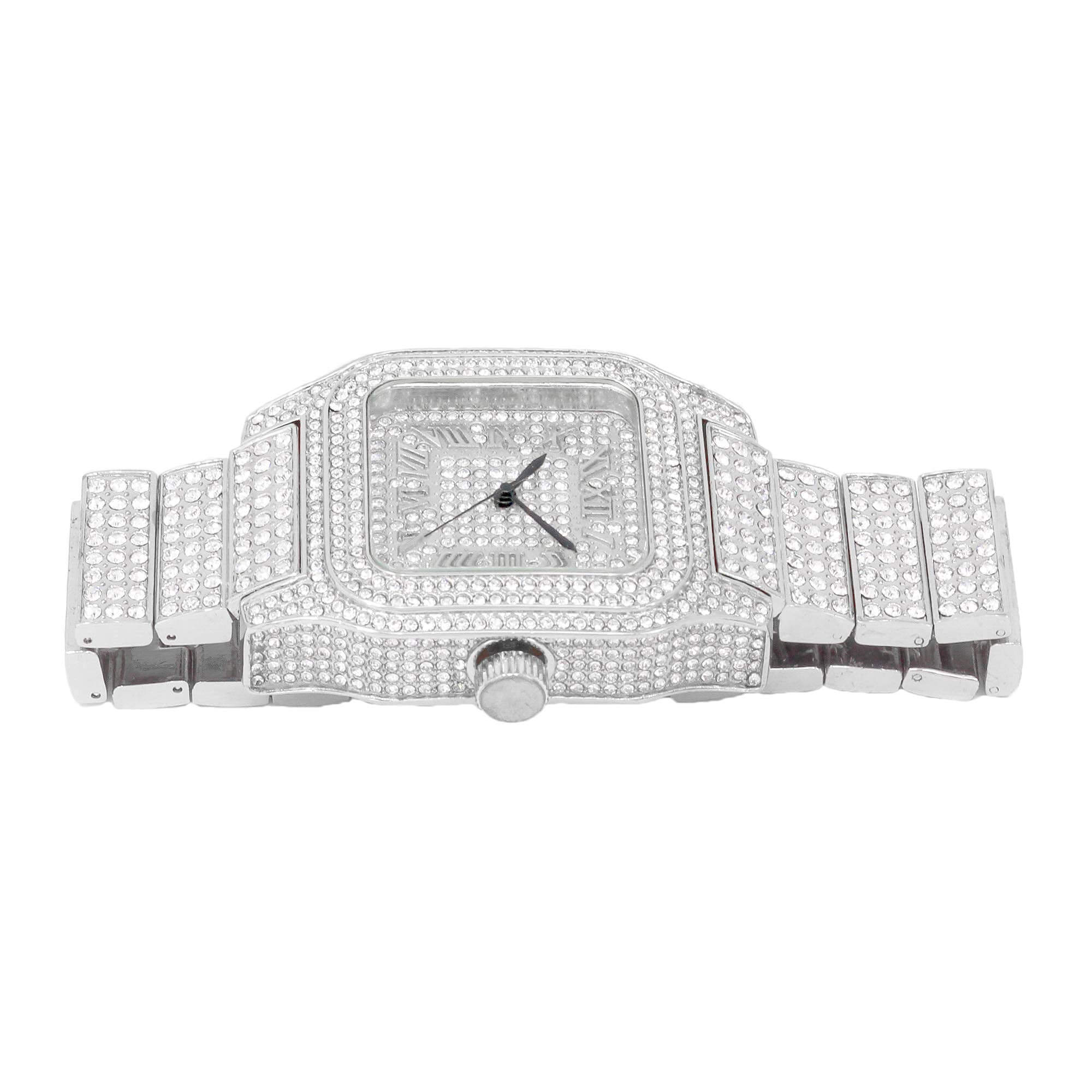 Men's 45mm Square Iced Out Watch - Metal Band, Quartz Movement