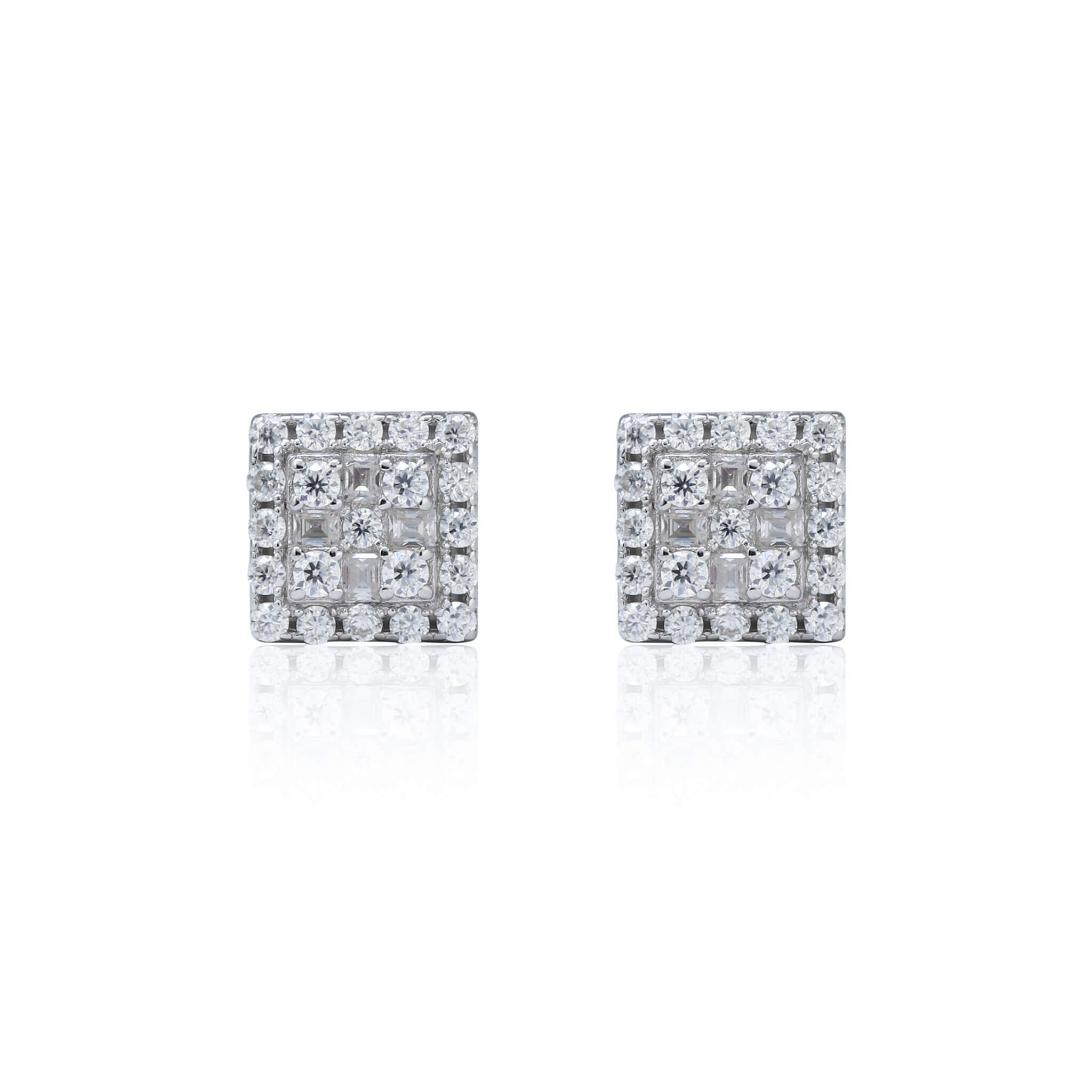 7mm moissanite cluster earrings with 0.37ct diamond studs in sterling silver square design.