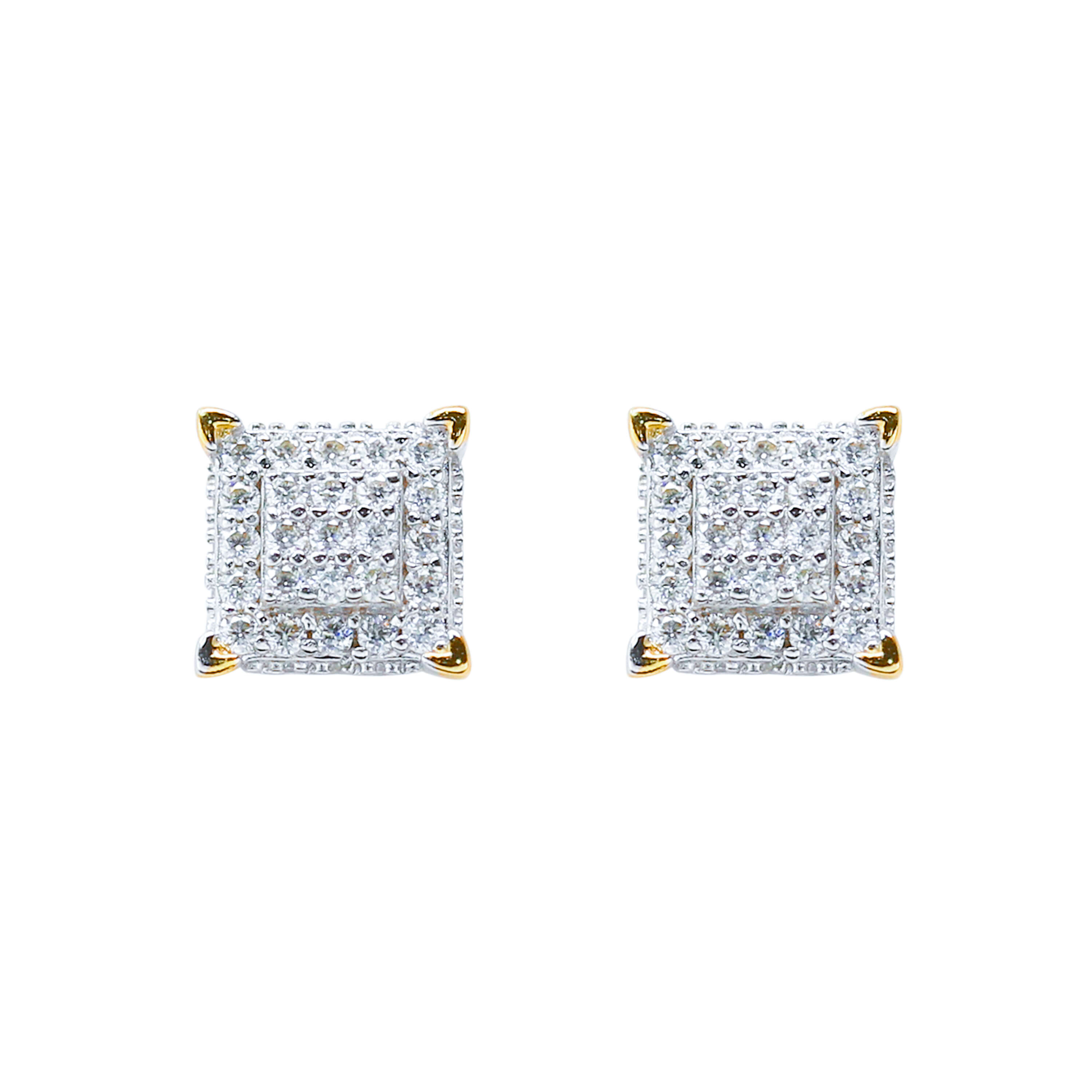 7mm Moissanite Cluster Earrings with square diamond studs in sterling silver and gold prongs.
