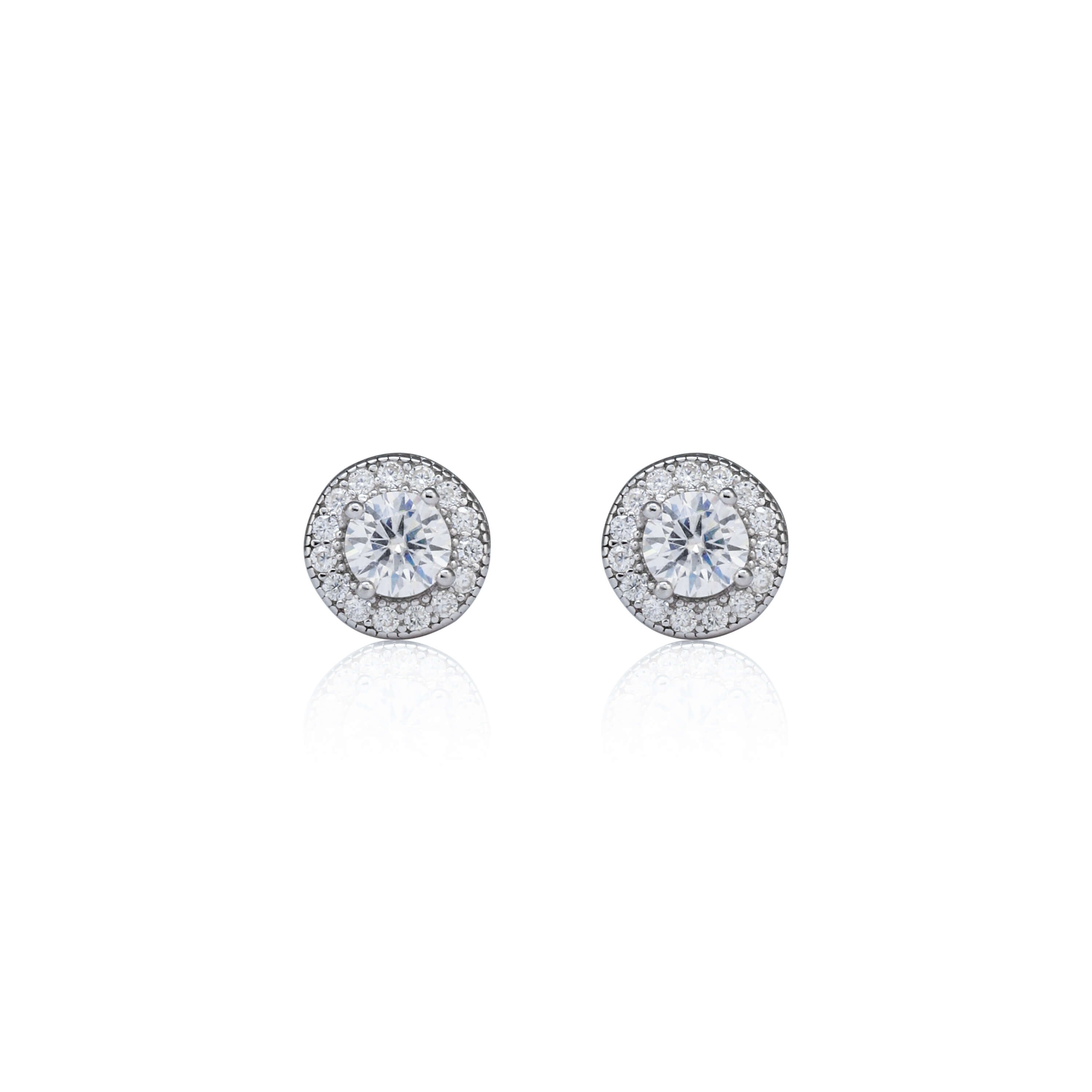 7mm round moissanite cluster earrings in silver with 0.82ct diamond halo studs.
