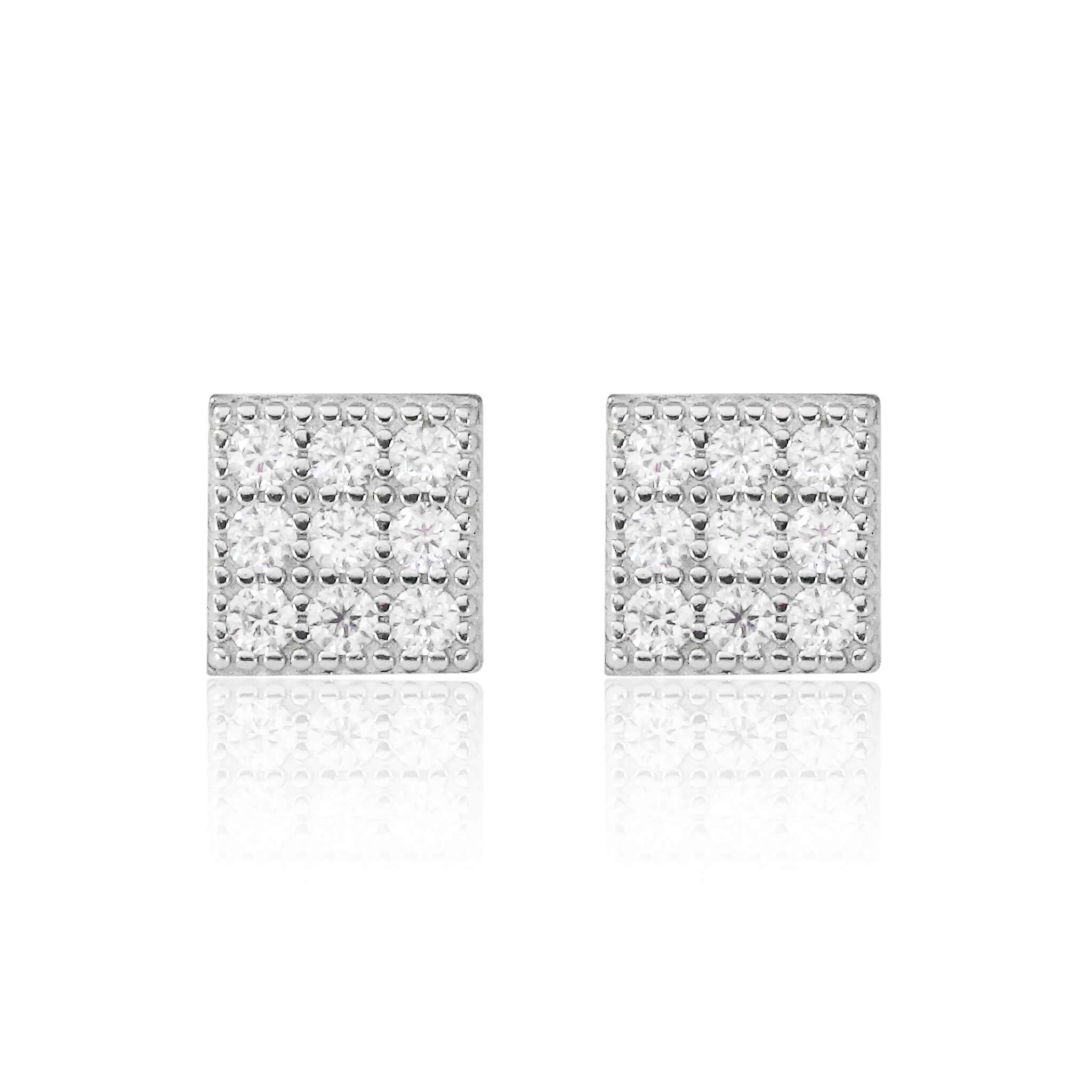 7mm square moissanite cluster earrings in sterling silver with pavé diamond grid design.