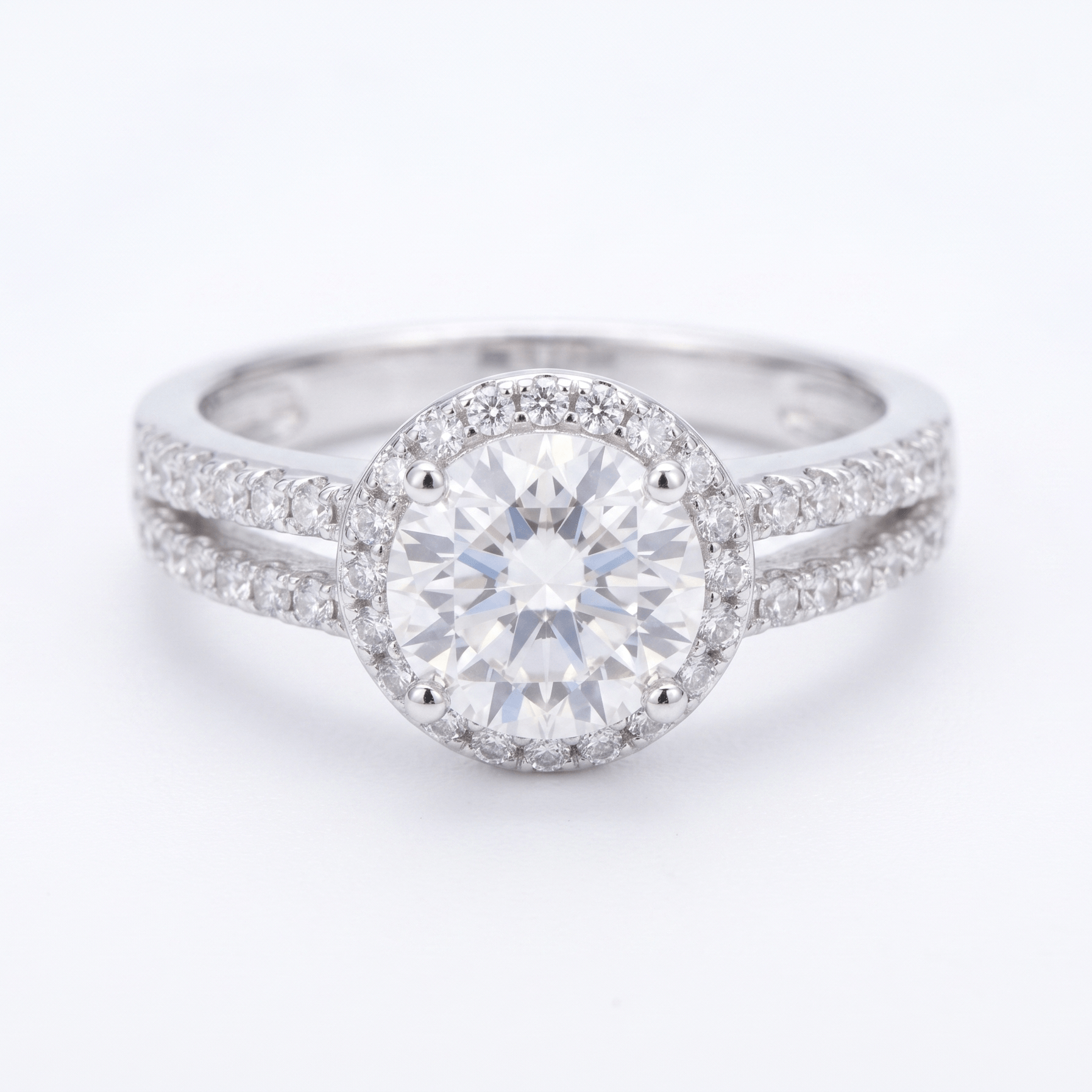 Iced Out 1.42ct Moissanite Round Halo Split Shank Ring in Premium Sterling Silver