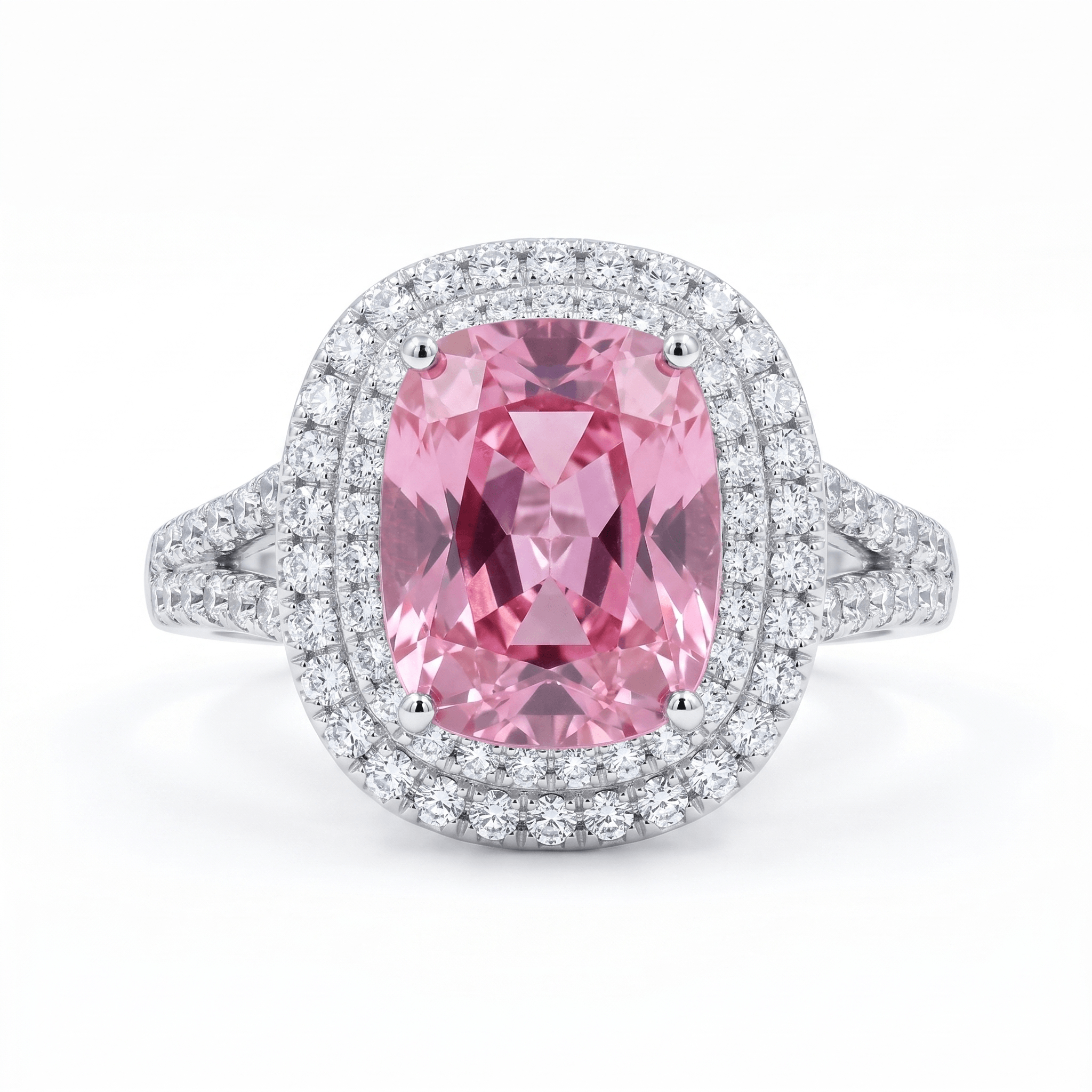 Iced Out 3.92CT Moissanite Cushion Cut Pink Stone Split Shank Ring in Premium Sterling Silver