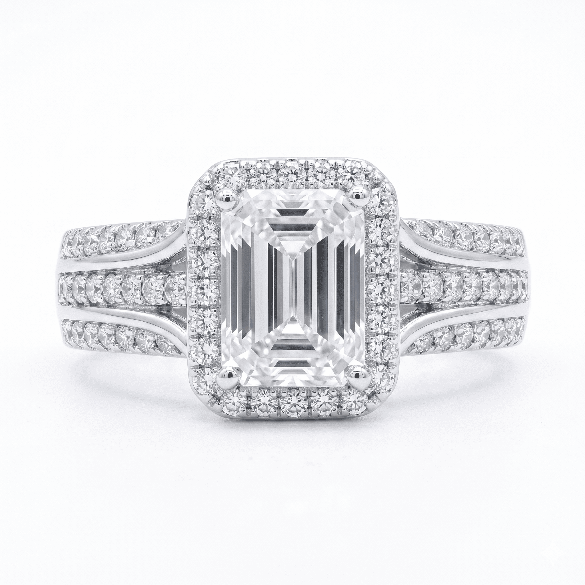 Iced Out 1.38ct Moissanite Emerald Cut Halo Ring in Premium Sterling Silver