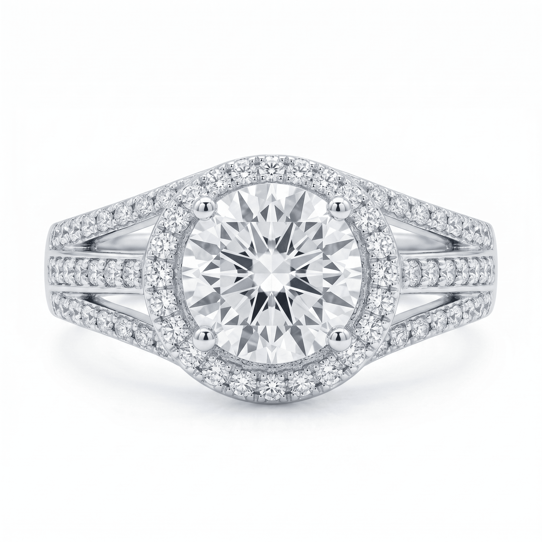 Iced Out 2.57CT Moissanite Round Halo Split Shank Ring in Premium Sterling Silver