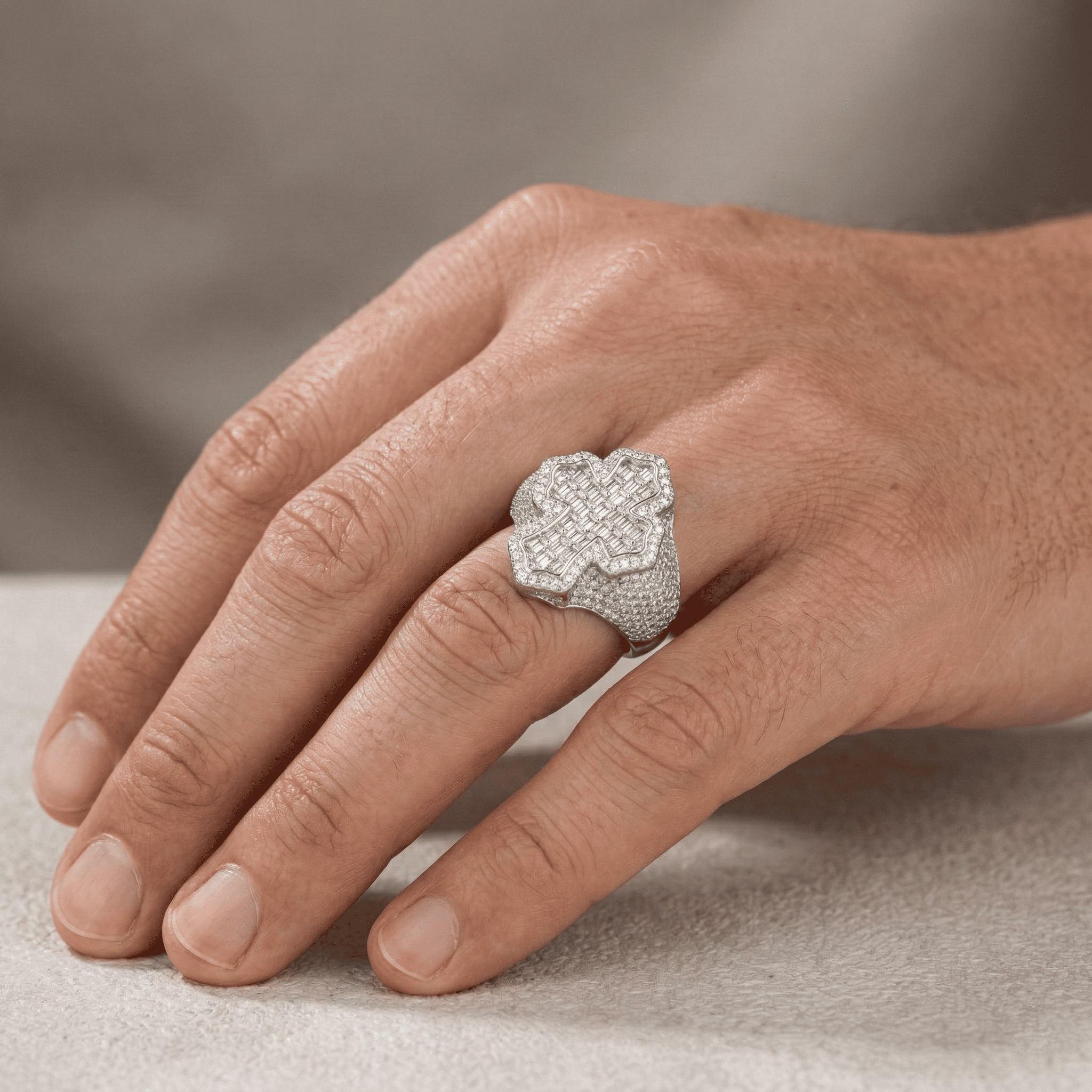 Iced Out 6.71CT Moissanite Flared Baguette Cross Ring in Premium Sterling Silver