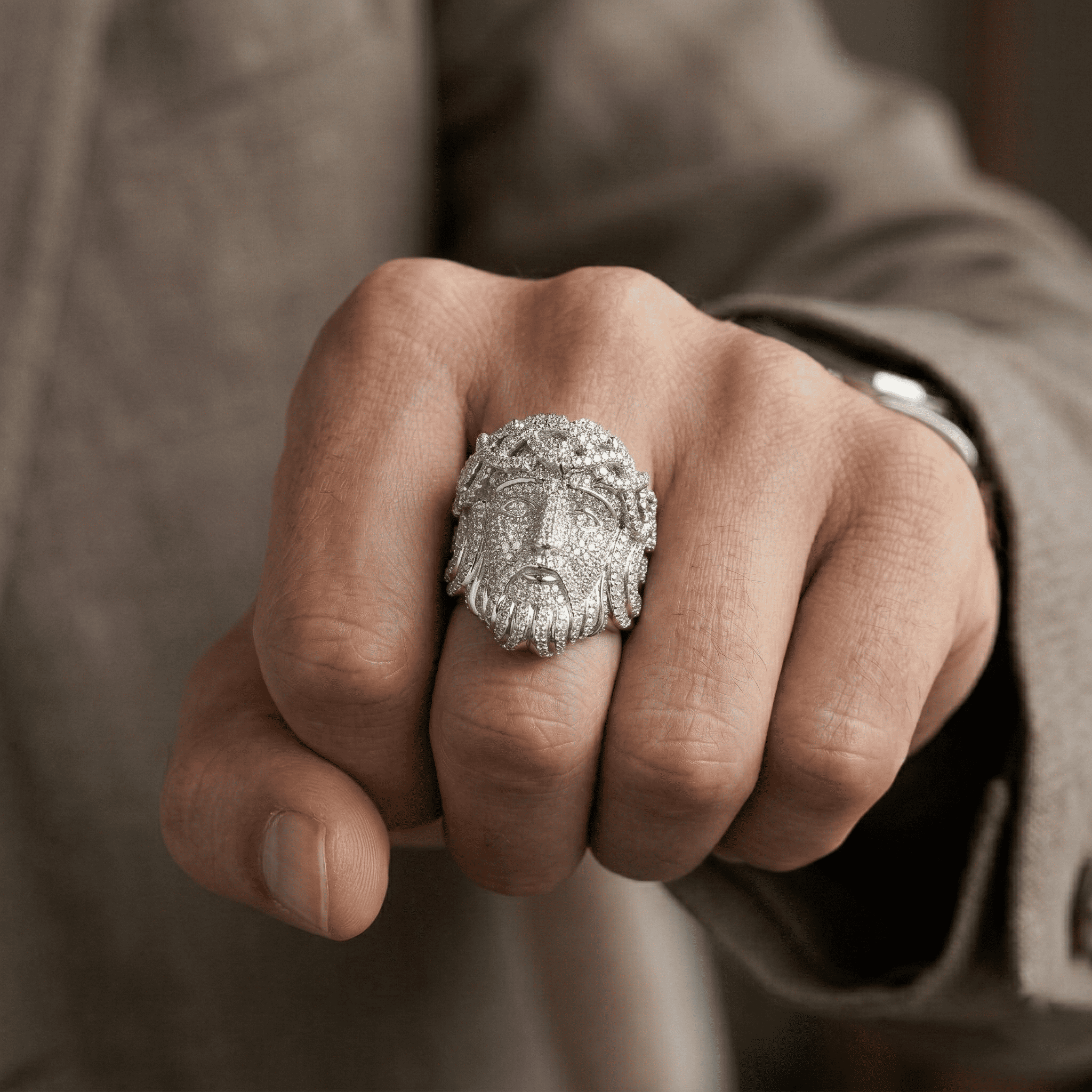 Iced Out 4.6CT Moissanite Jesus Head Ring in Premium Sterling Silver