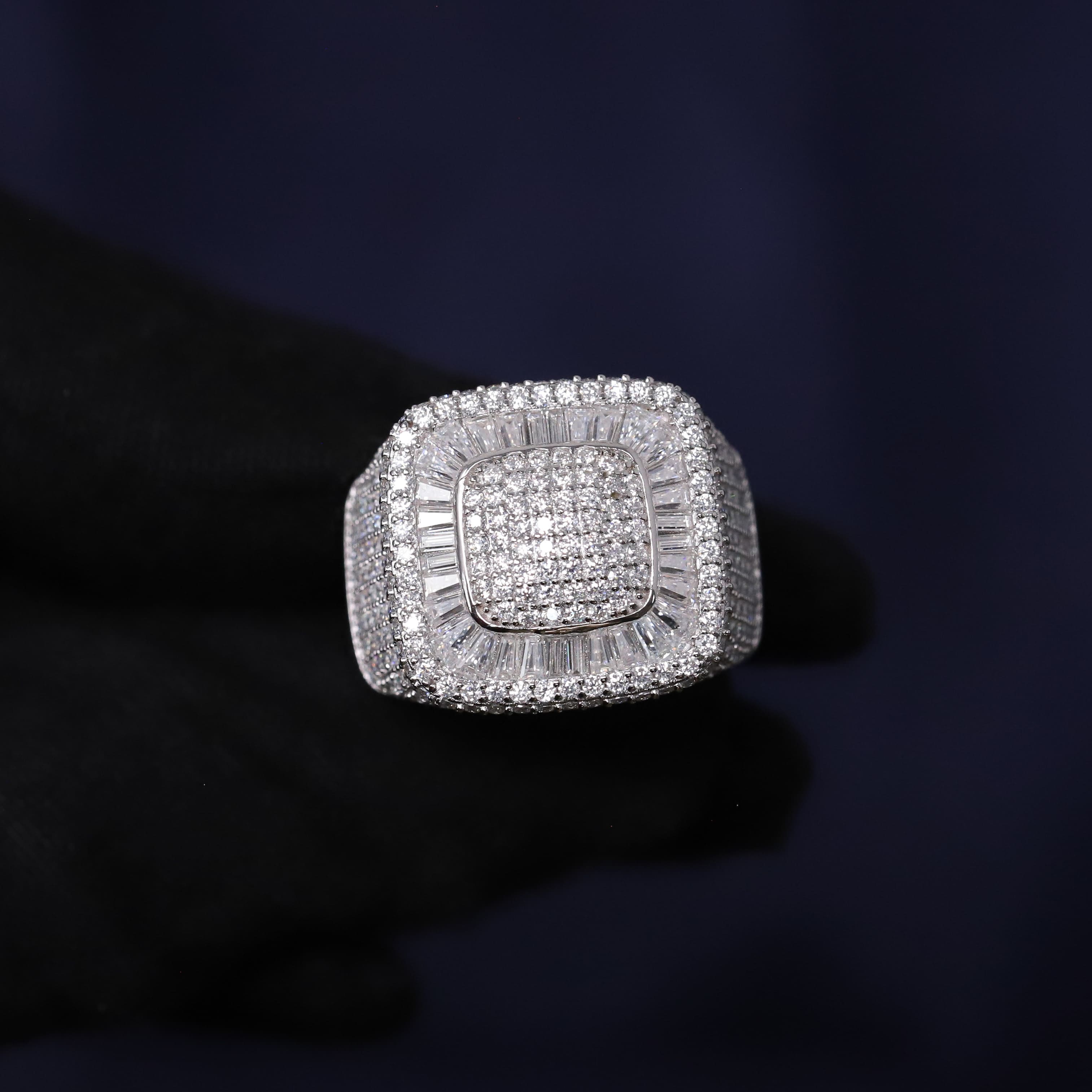 Iced Out 4.67CT Moissanite Cushion Baguette Halo Ring in Premium Sterling Silver