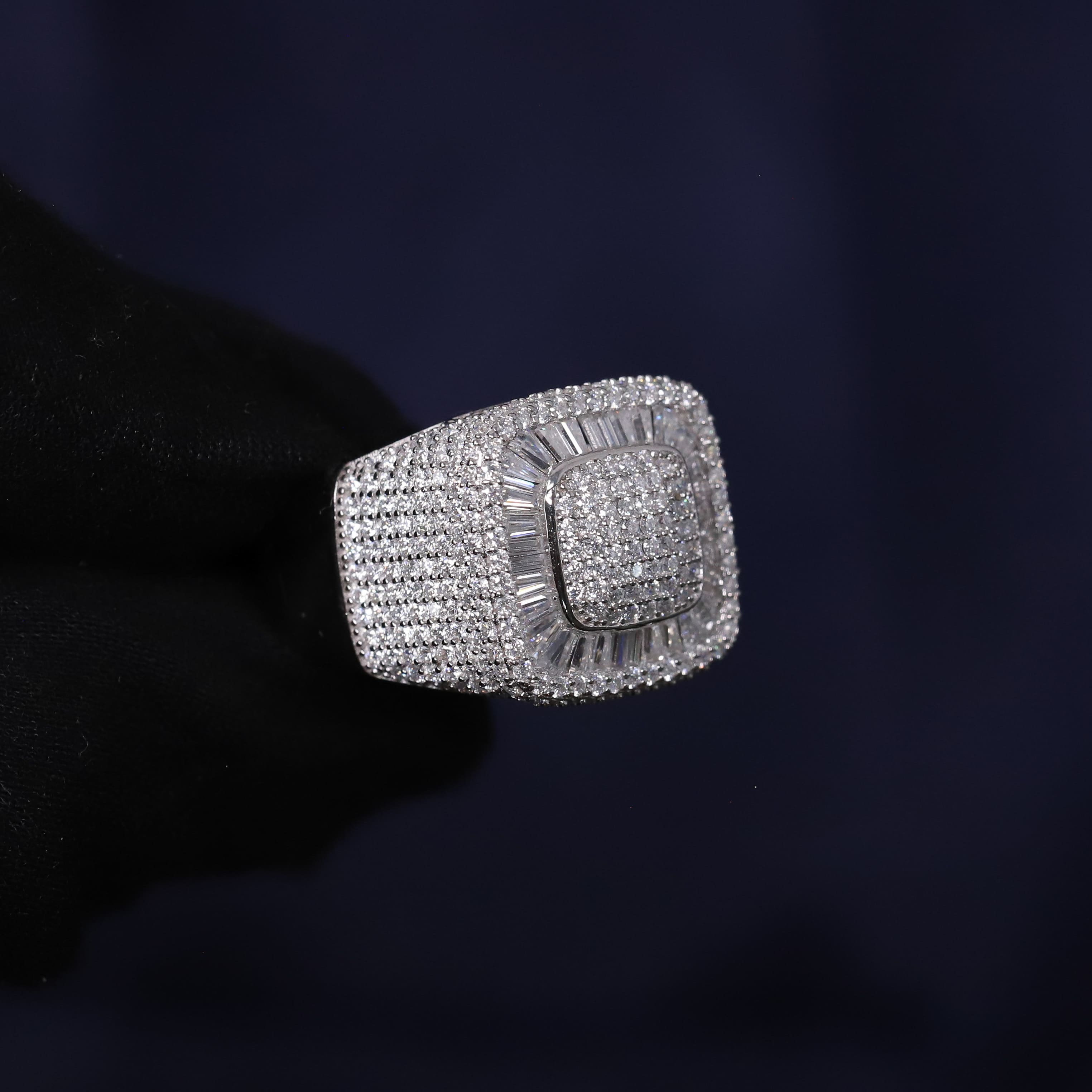 Iced Out 4.67CT Moissanite Cushion Baguette Halo Ring in Premium Sterling Silver