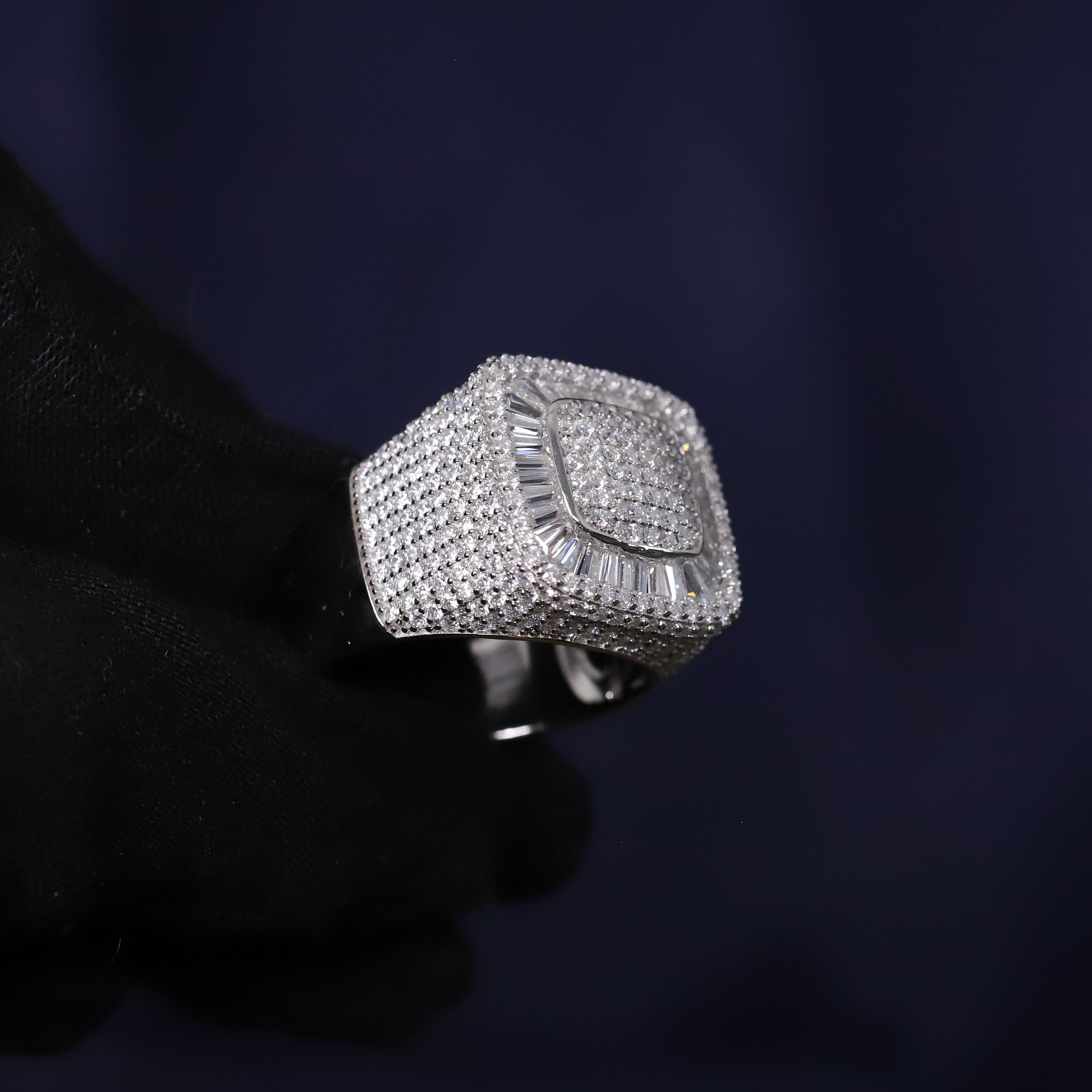 Iced Out 4.67CT Moissanite Cushion Baguette Halo Ring in Premium Sterling Silver