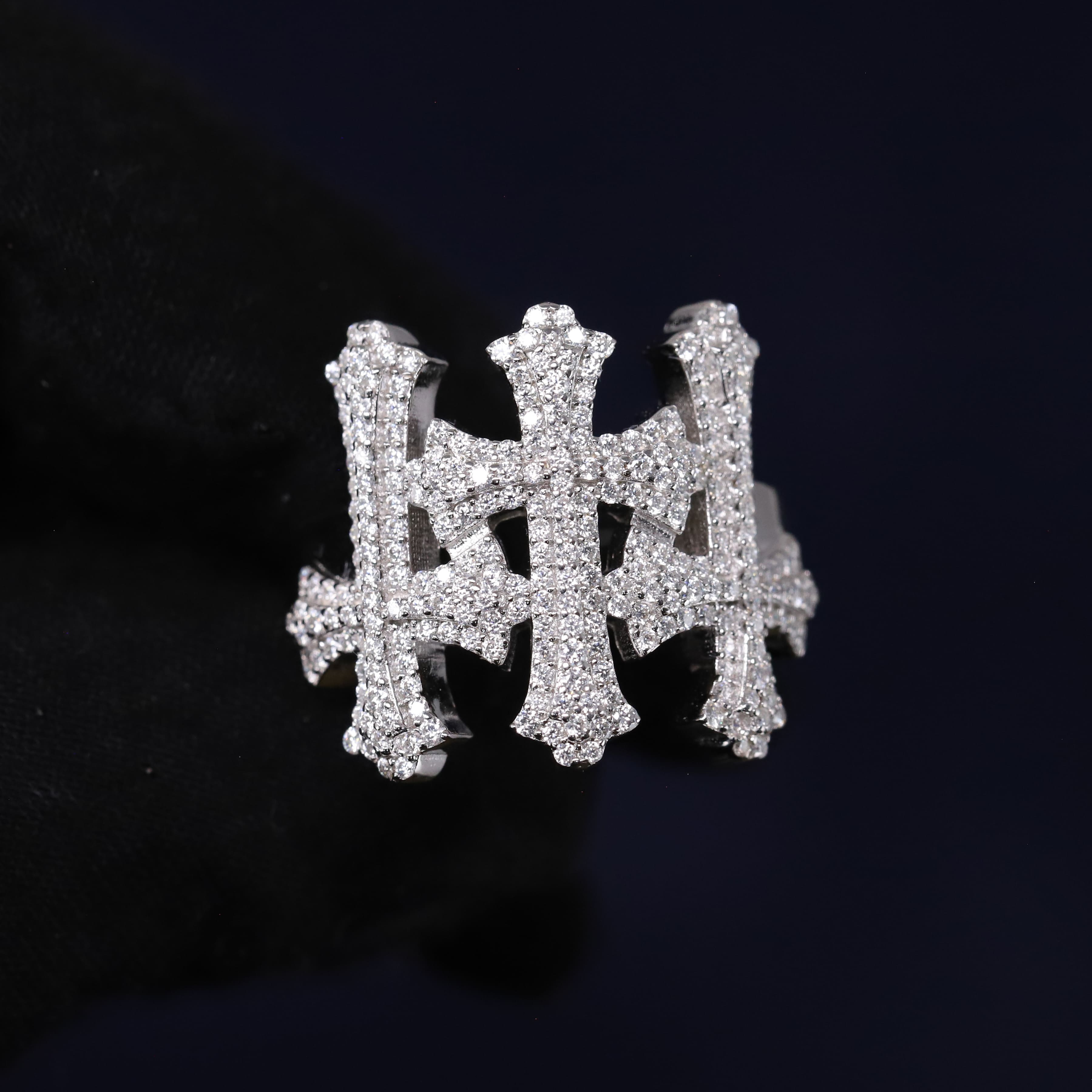 Iced Out 1.72CT Moissanite Triple Cross Ring in Premium Sterling Silver