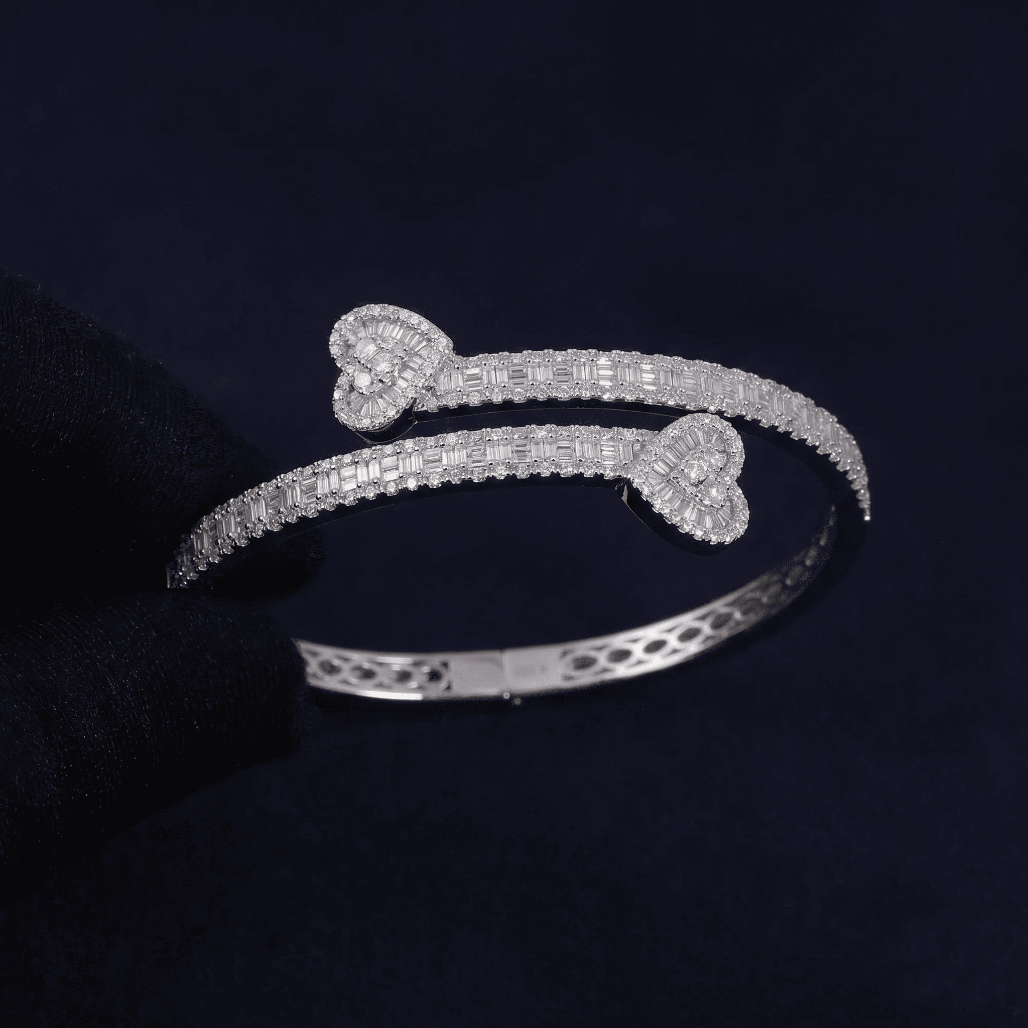Iced Out 4.36CT Moissanite Baguette Heart Open Cuff Bangle in Premium Sterling Silver