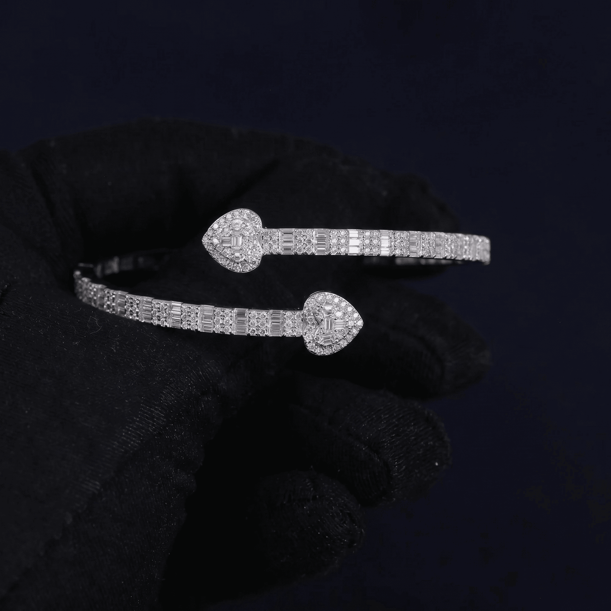 Iced Out 3.26CT Moissanite Baguette Heart Open Cuff Bangle in Premium Sterling Silver