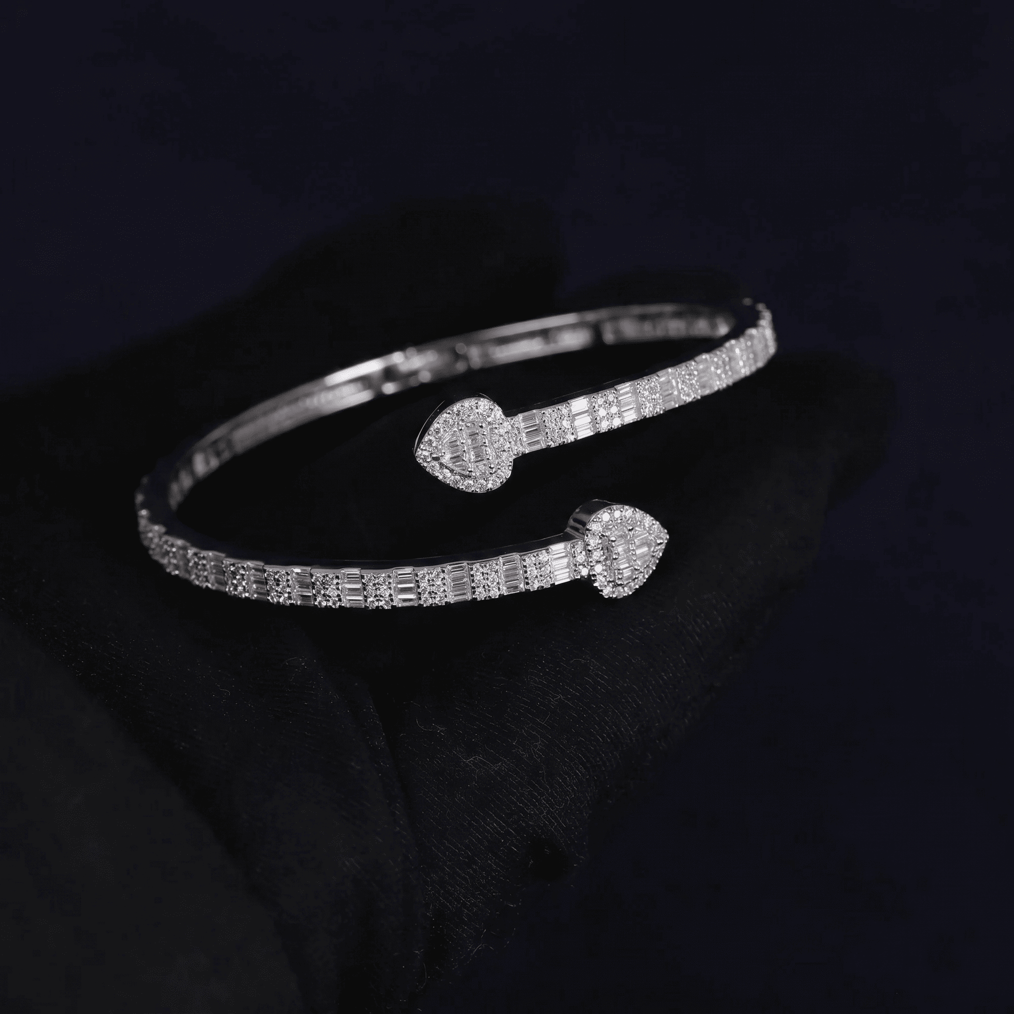 Iced Out 3.26CT Moissanite Baguette Heart Open Cuff Bangle in Premium Sterling Silver