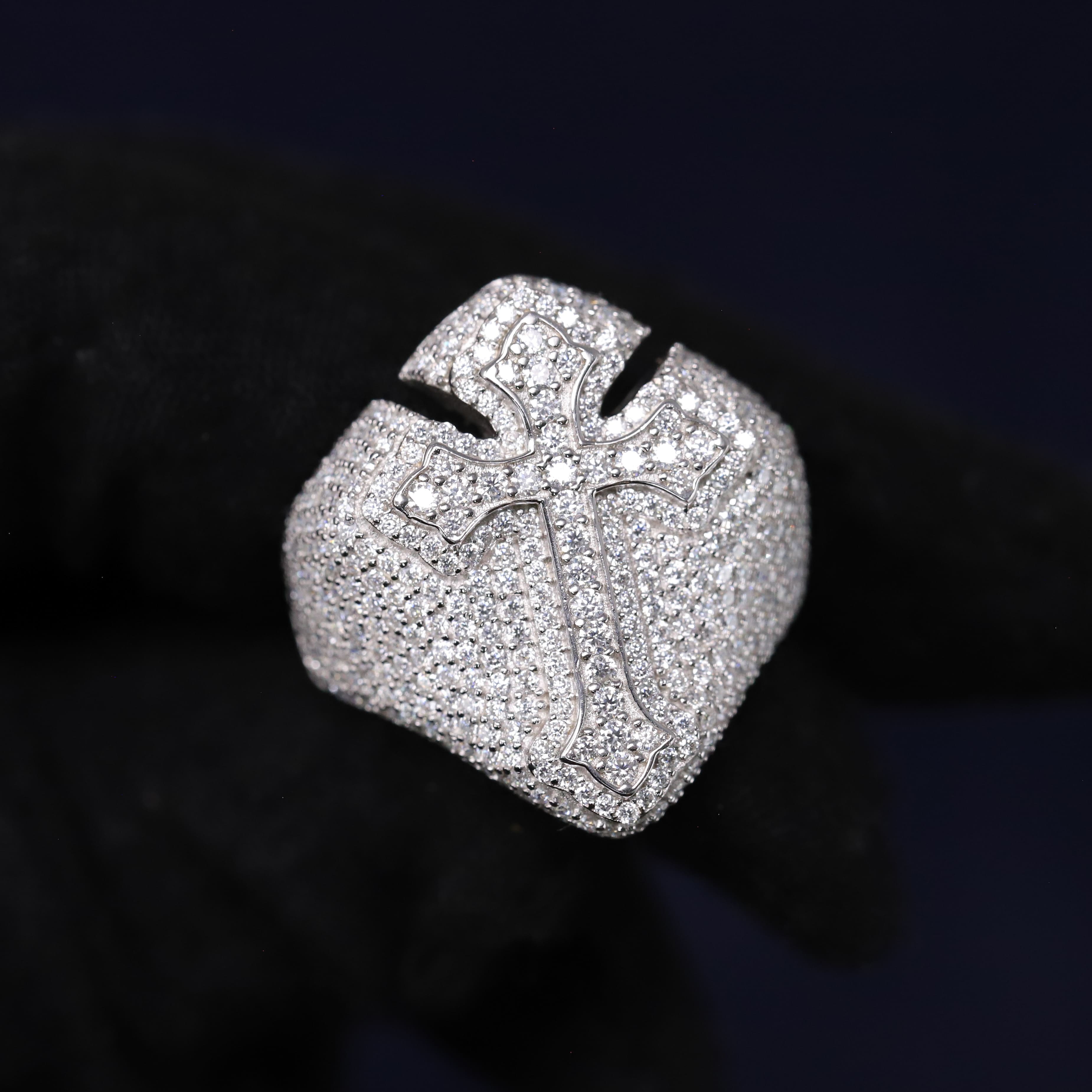 Iced Out 3.15CT Moissanite Raised Flared Cross Ring in Premium Sterling Silver