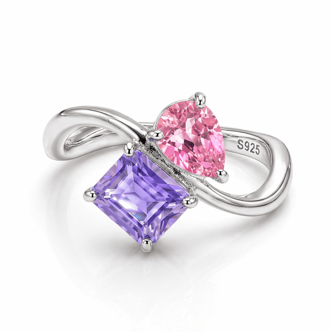 Pear & Baguette Cut Two Stone CZ Ring in Premium Sterling Silver - Pink & Lavender