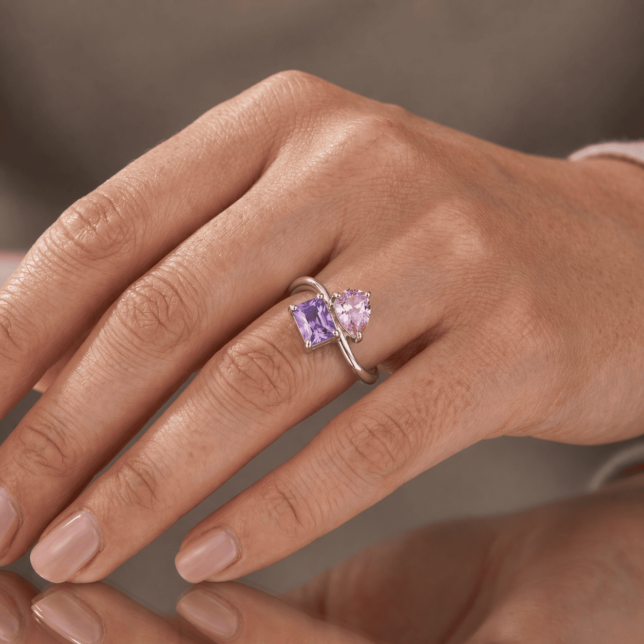 Pear & Baguette Cut Two Stone CZ Ring in Premium Sterling Silver - Pink & Lavender