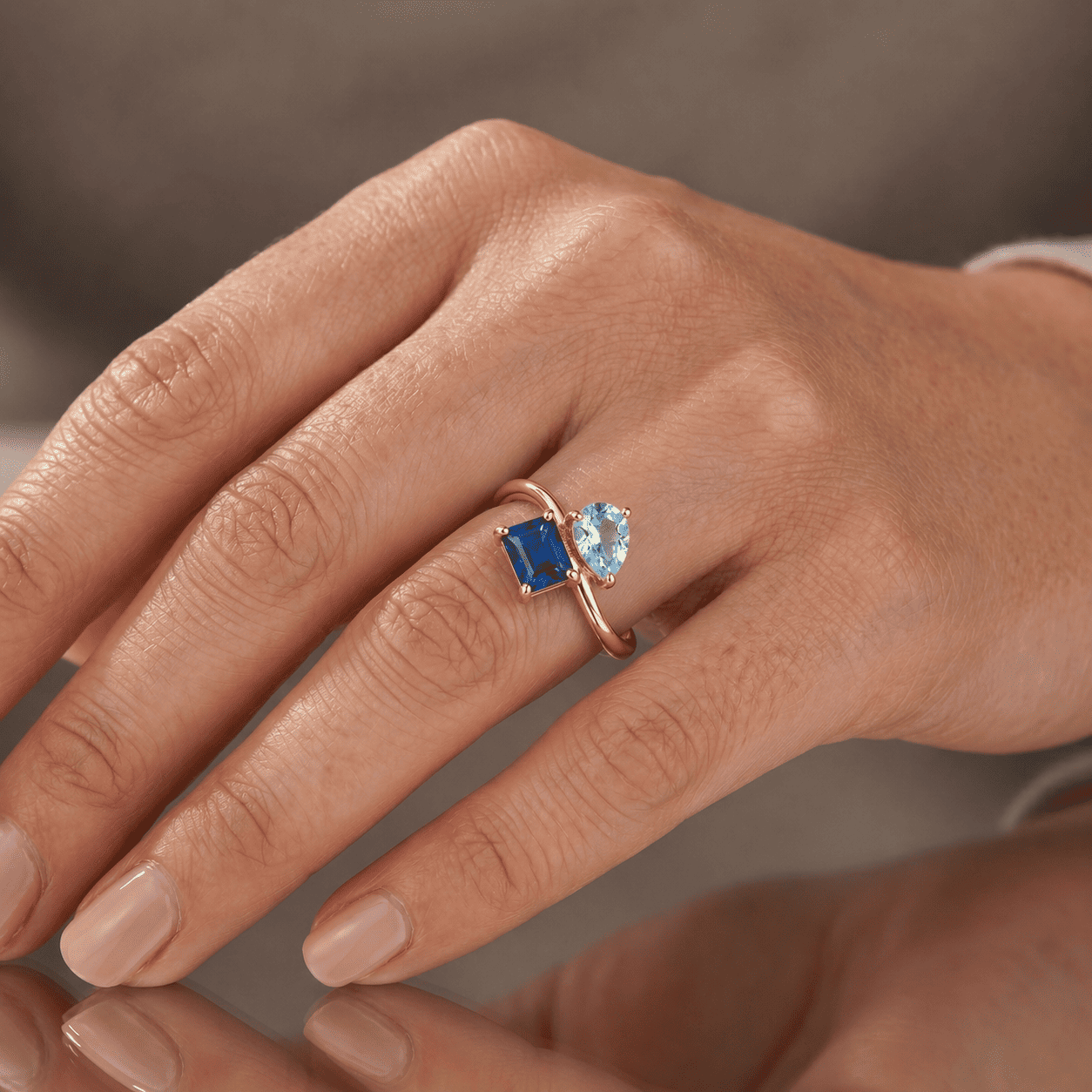 Pear & Baguette Cut Two Stone CZ Ring in Premium Sterling Silver - Aqua & Sapphire Blue