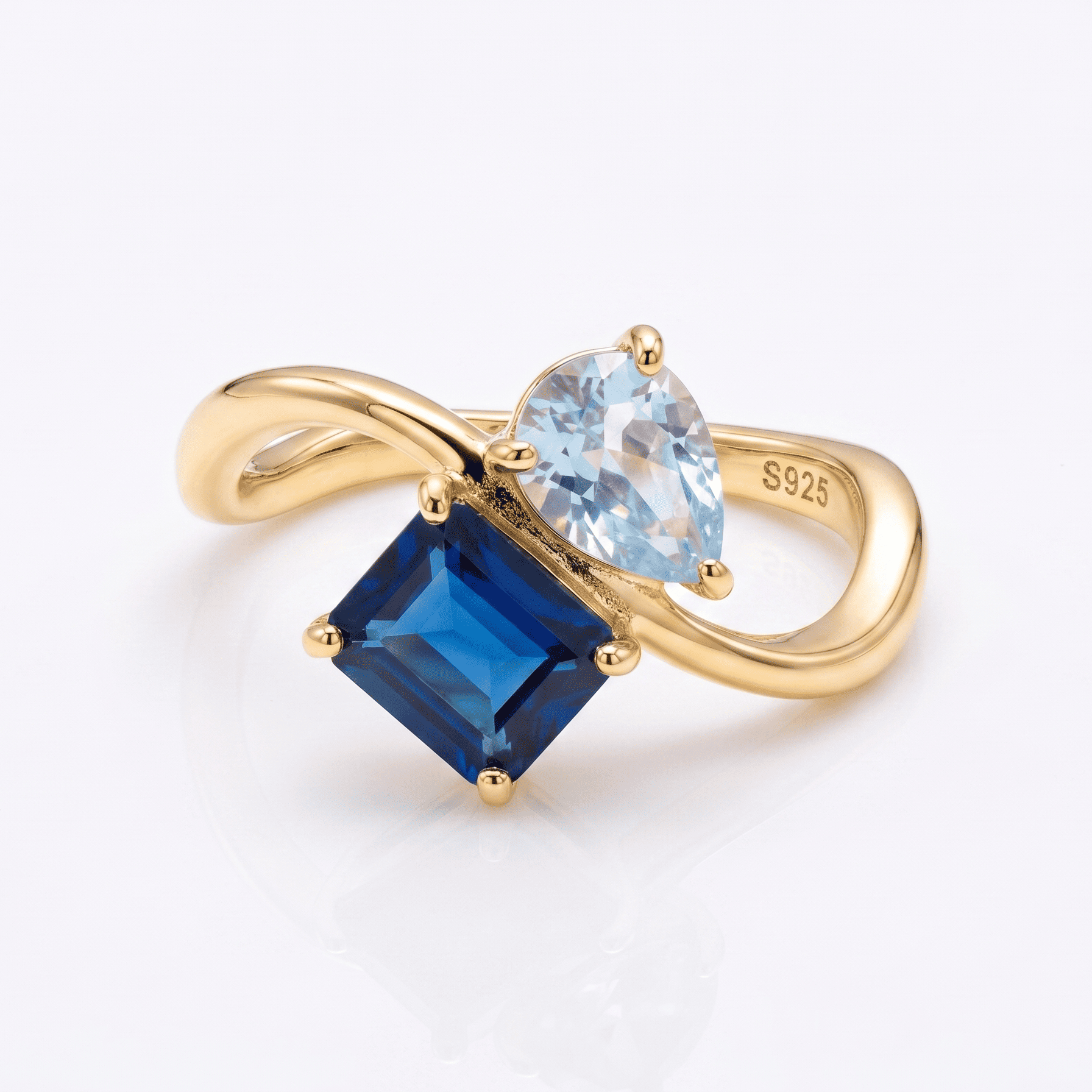 Pear & Baguette Cut Two Stone CZ Ring in Premium Sterling Silver - Aqua & Sapphire Blue