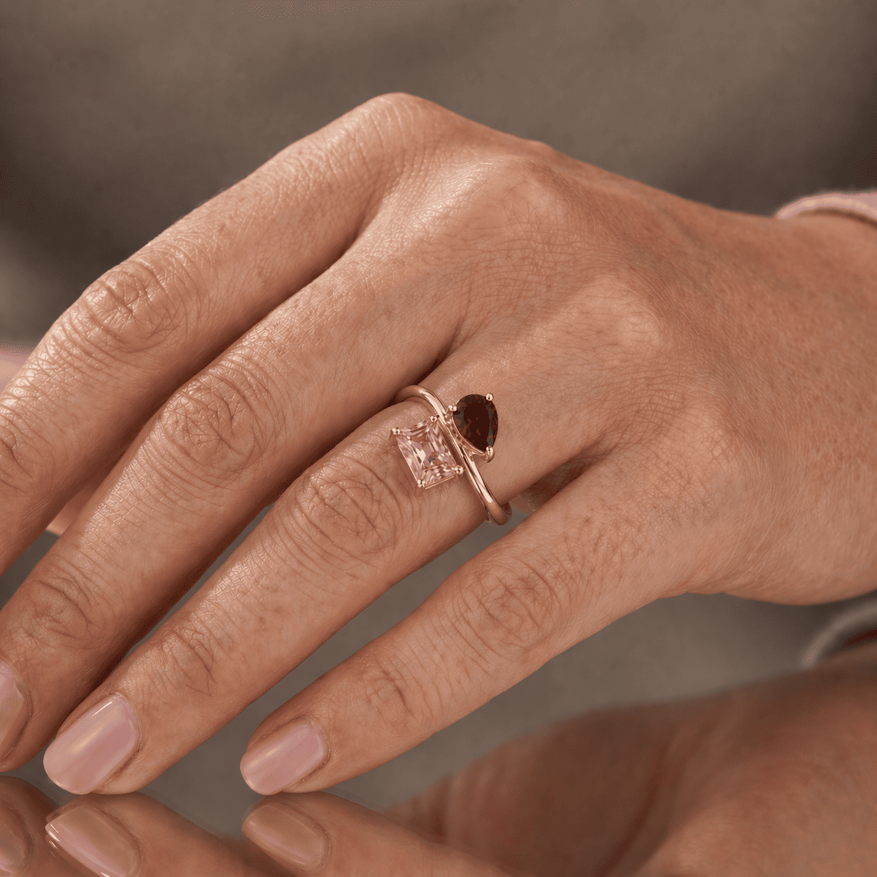 Pear & Baguette Cut Two Stone CZ Ring in Premium Sterling Silver - Red & Pink
