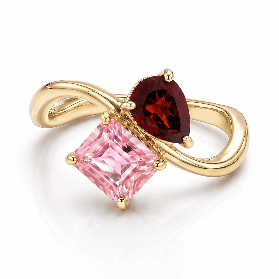 Pear & Baguette Cut Two Stone CZ Ring in Premium Sterling Silver - Red & Pink