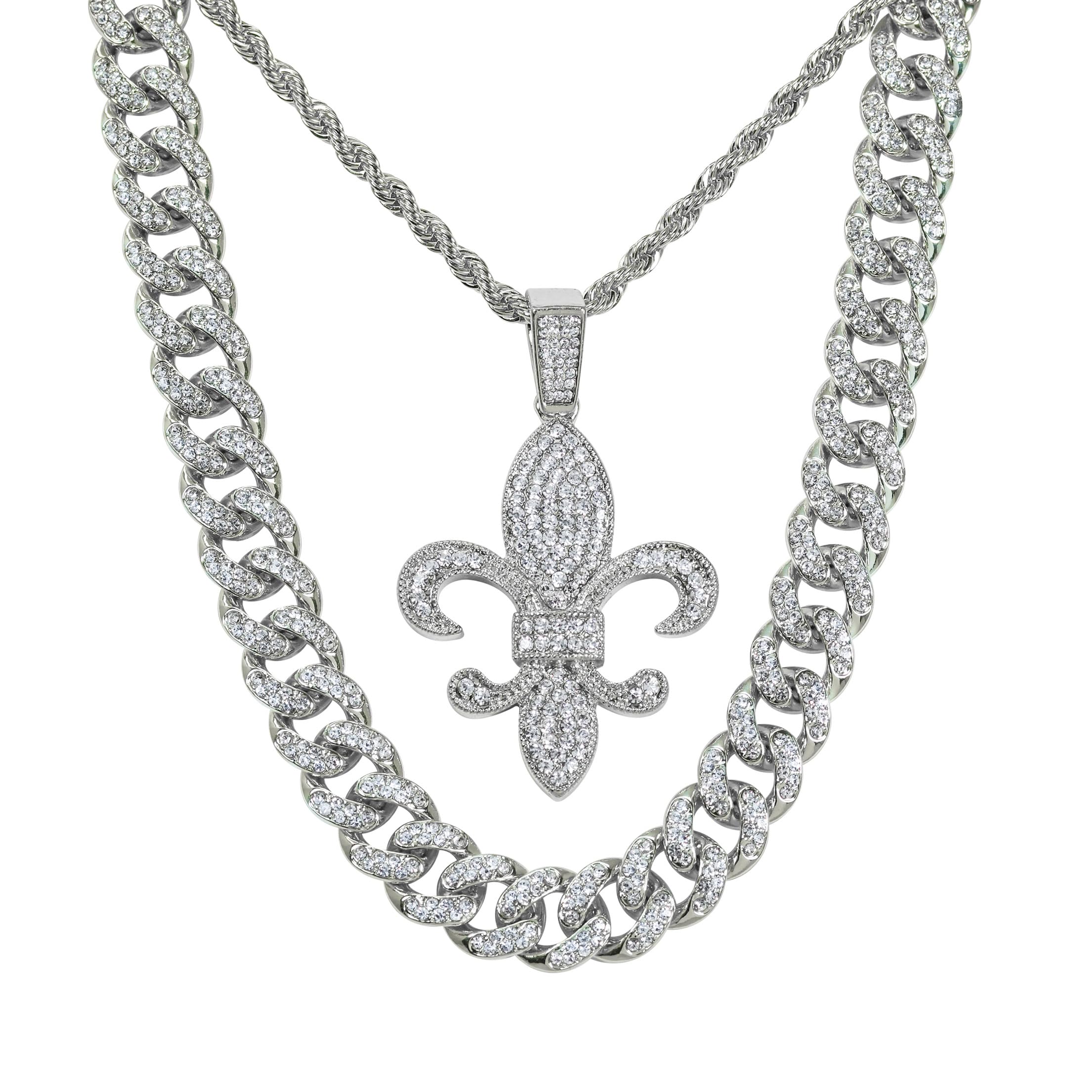 Men's Iced Out Fleur-De-Lis Pendant Necklace and Cuban Chain Set
