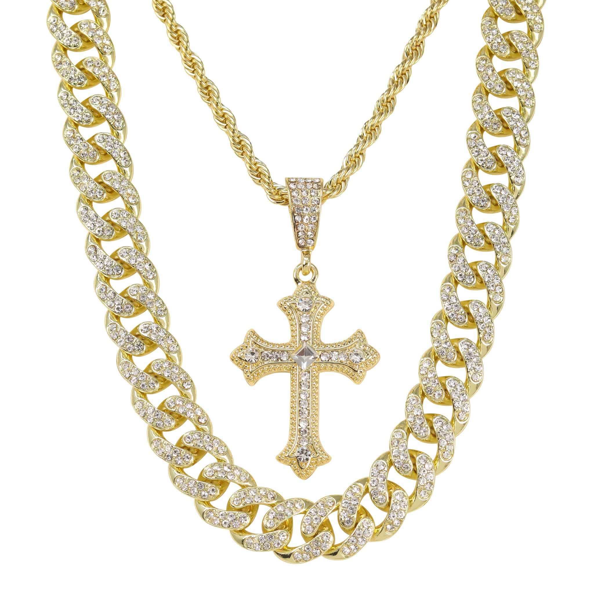 Men's Iced Out Cross Pendant Necklace and Cuban Chain Set