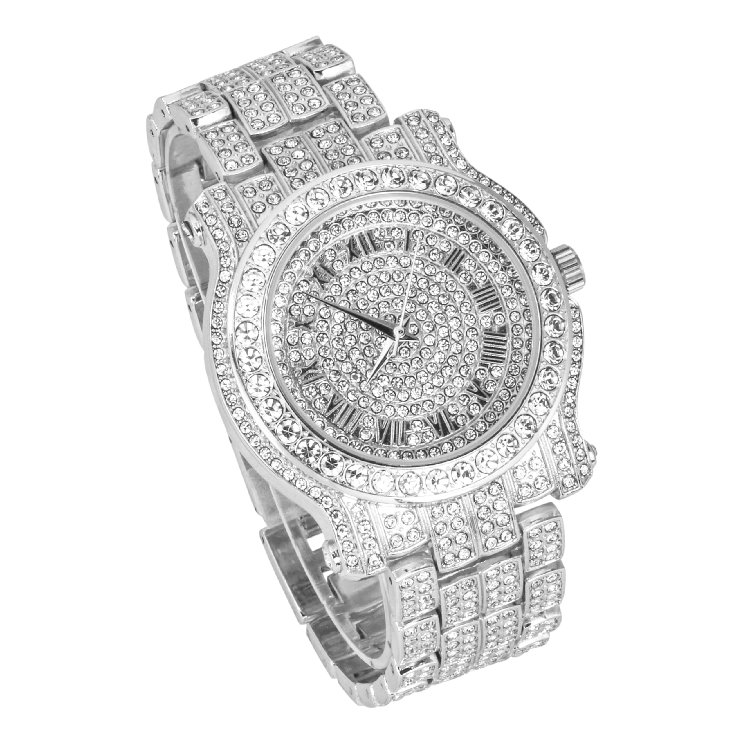 Men's 45mm Iced Out Roman Dial Watch, Tennis Chain & Bracelet Set