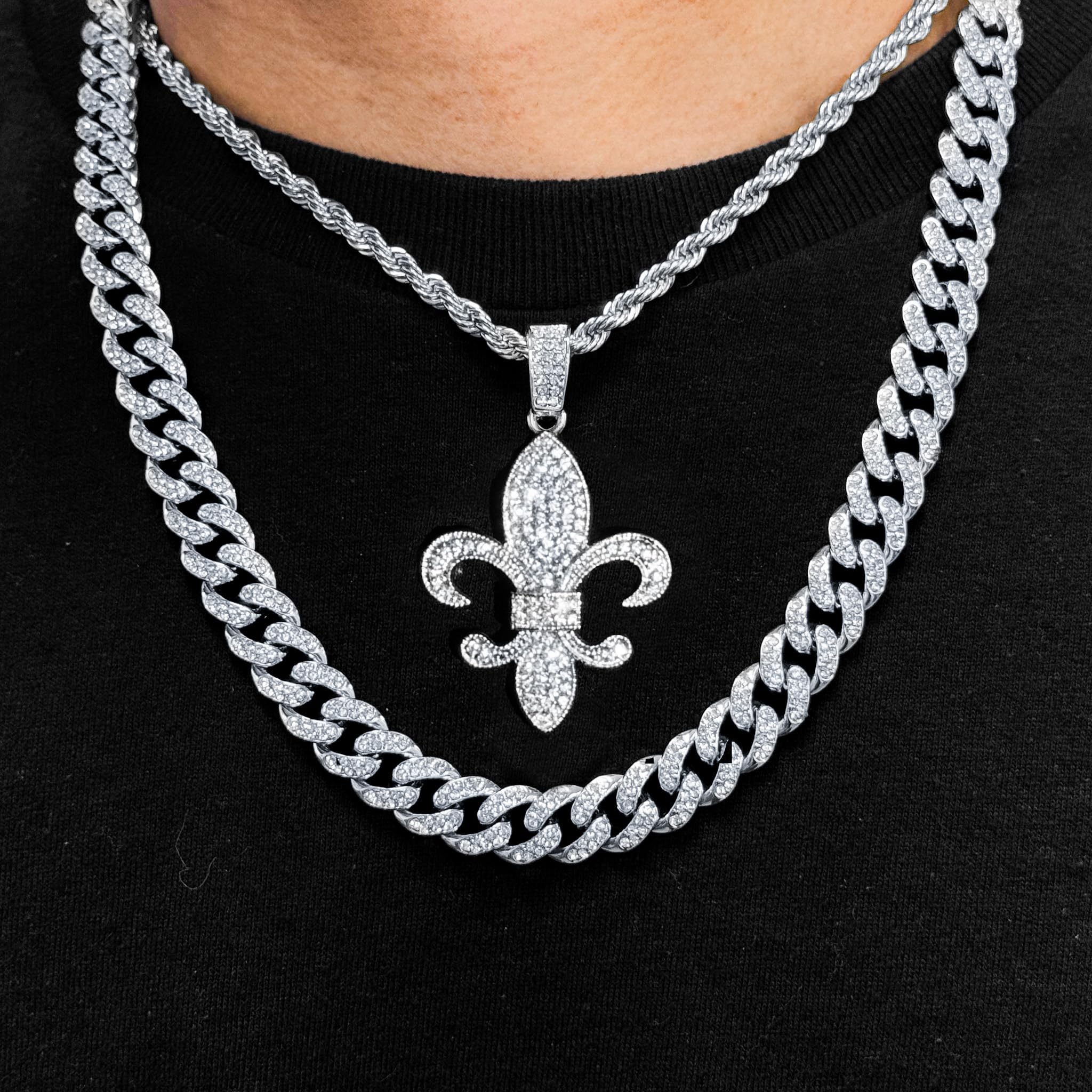 Men's Iced Out Fleur-De-Lis Pendant Necklace and Cuban Chain Set