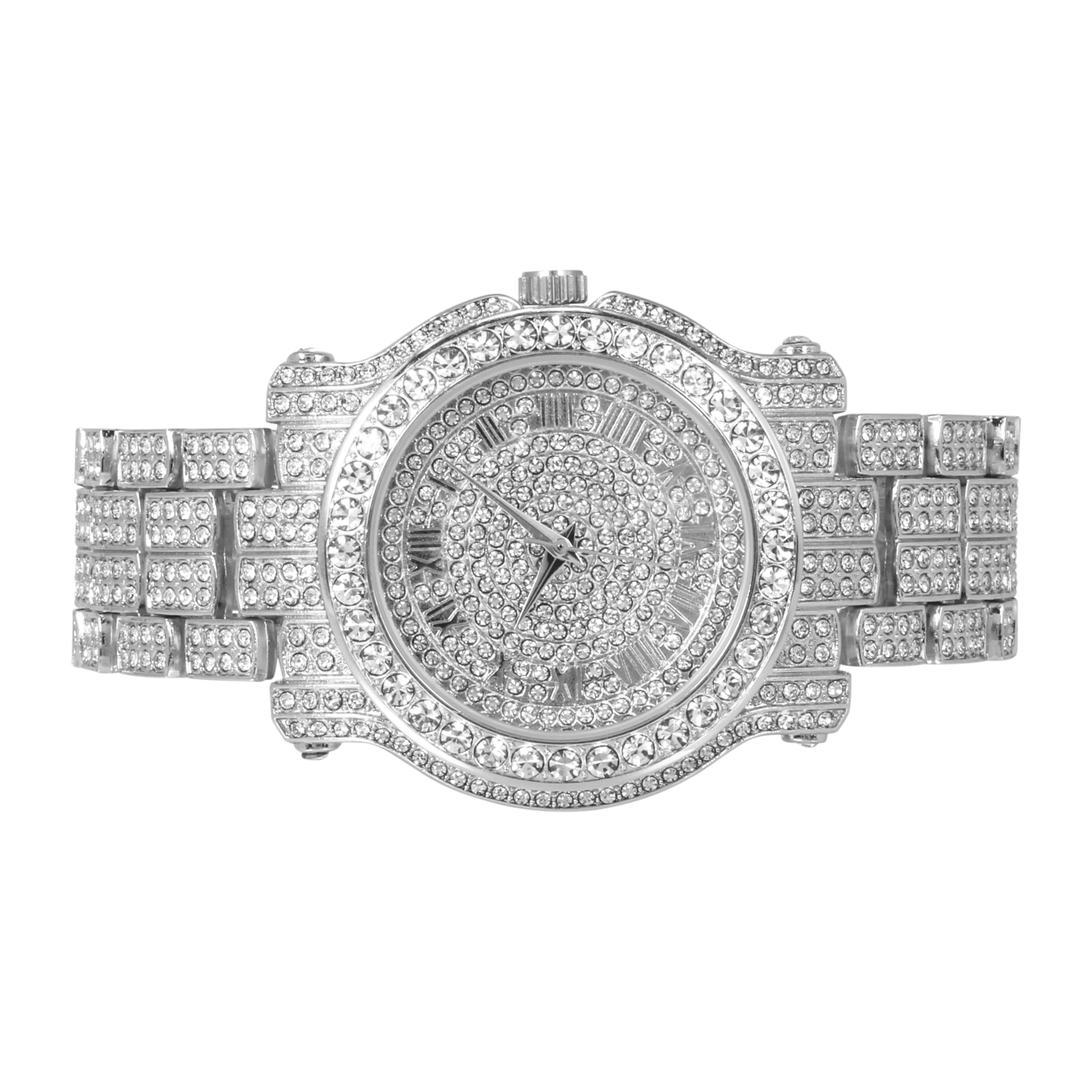 Men's 45mm Iced Out Roman Dial Watch, Tennis Chain & Bracelet Set