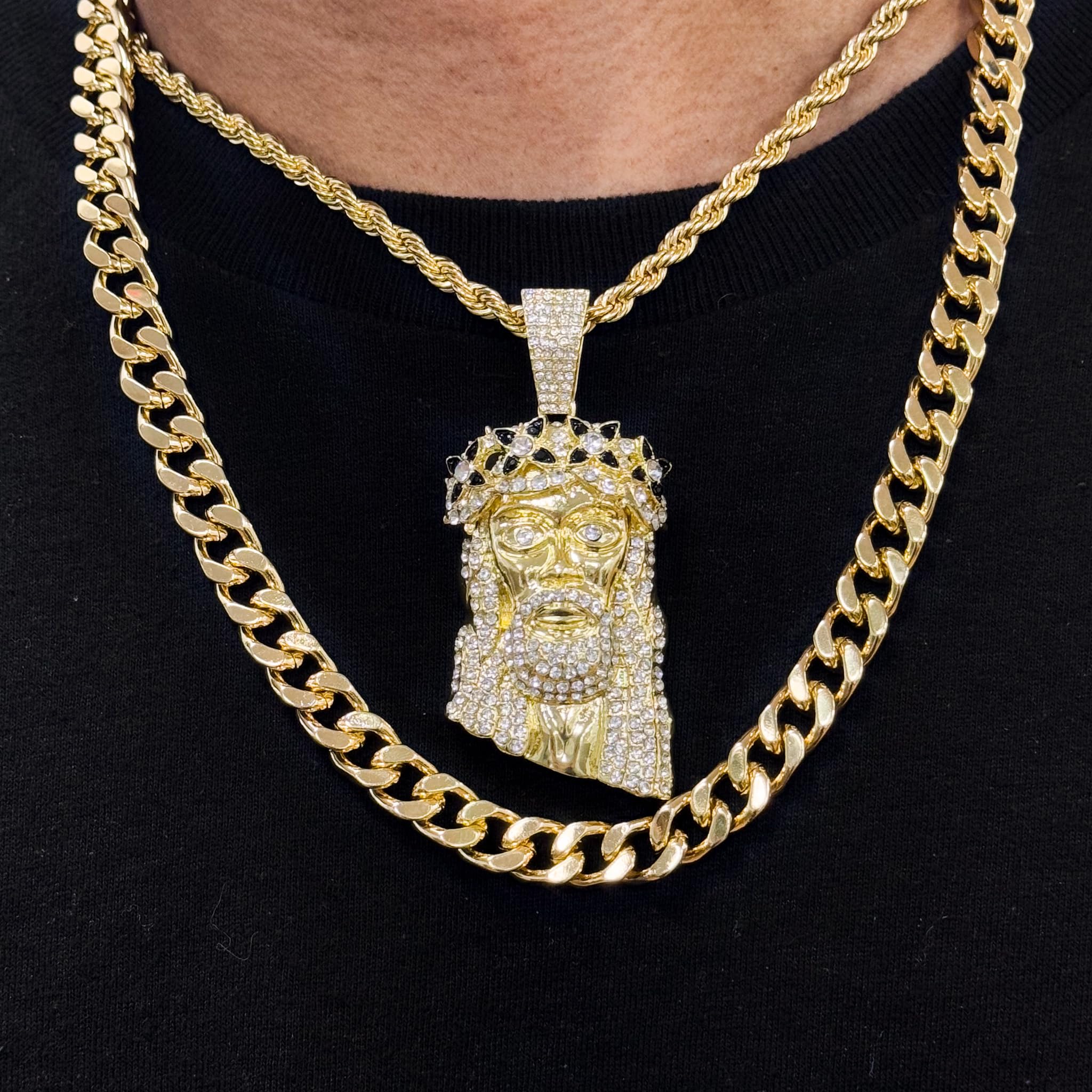 Men's Jesus Pendant Necklace and Cuban Chain Set