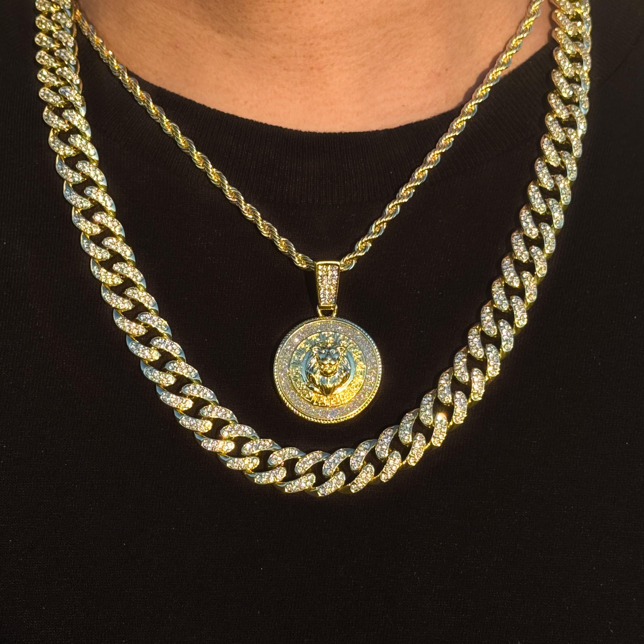 Men's Iced Out Lion Pendant Necklace and Cuban Chain Set