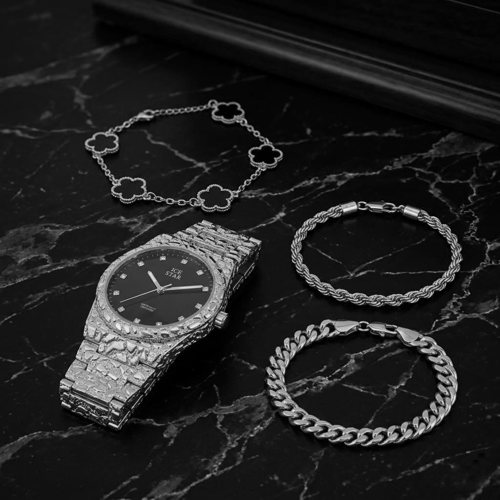 Men's 45mm Diamond Accent Nugget Watch & 3 Bracelet Set