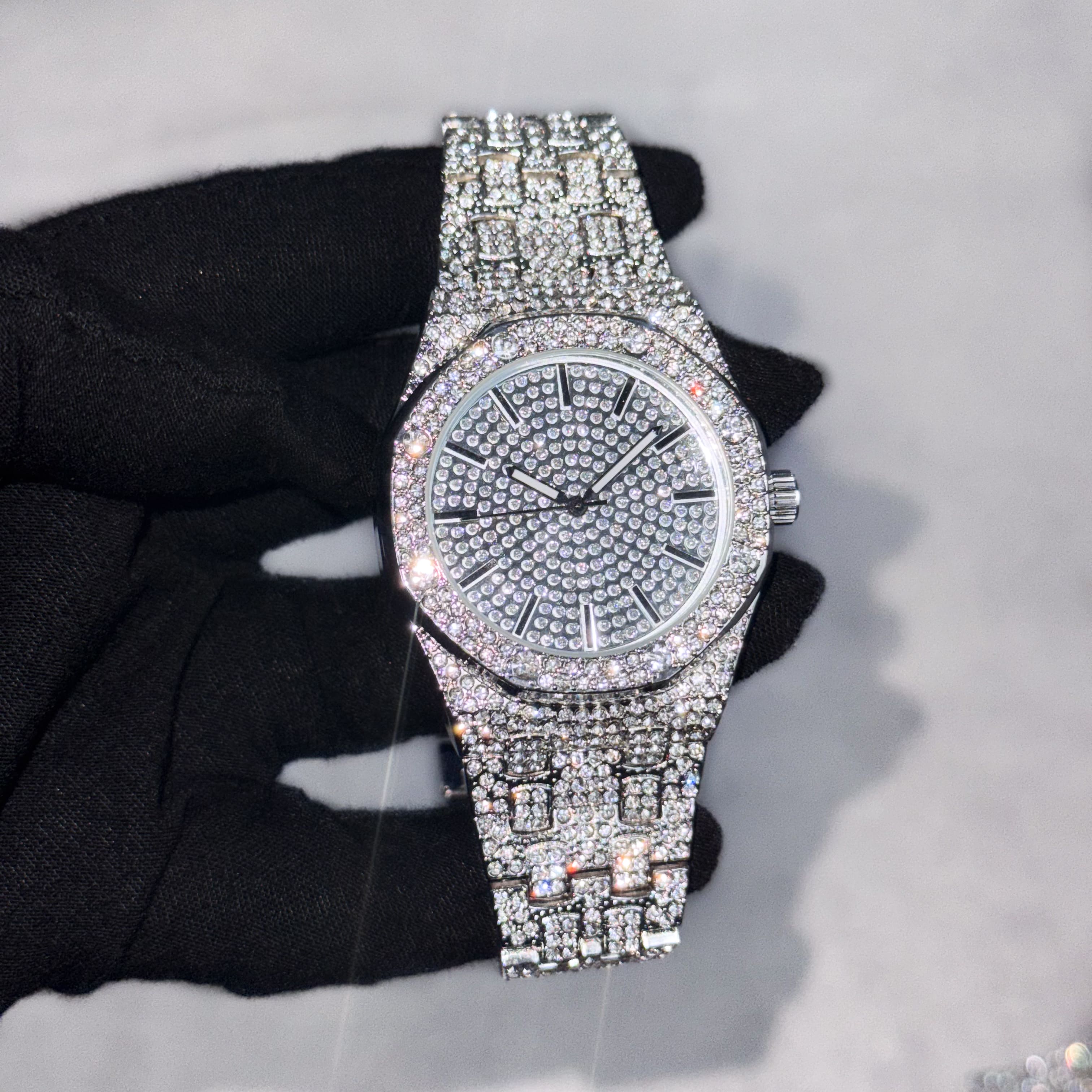 Men's 40mm Iced Out Octagon Watch - Metal Band, Quartz Movement