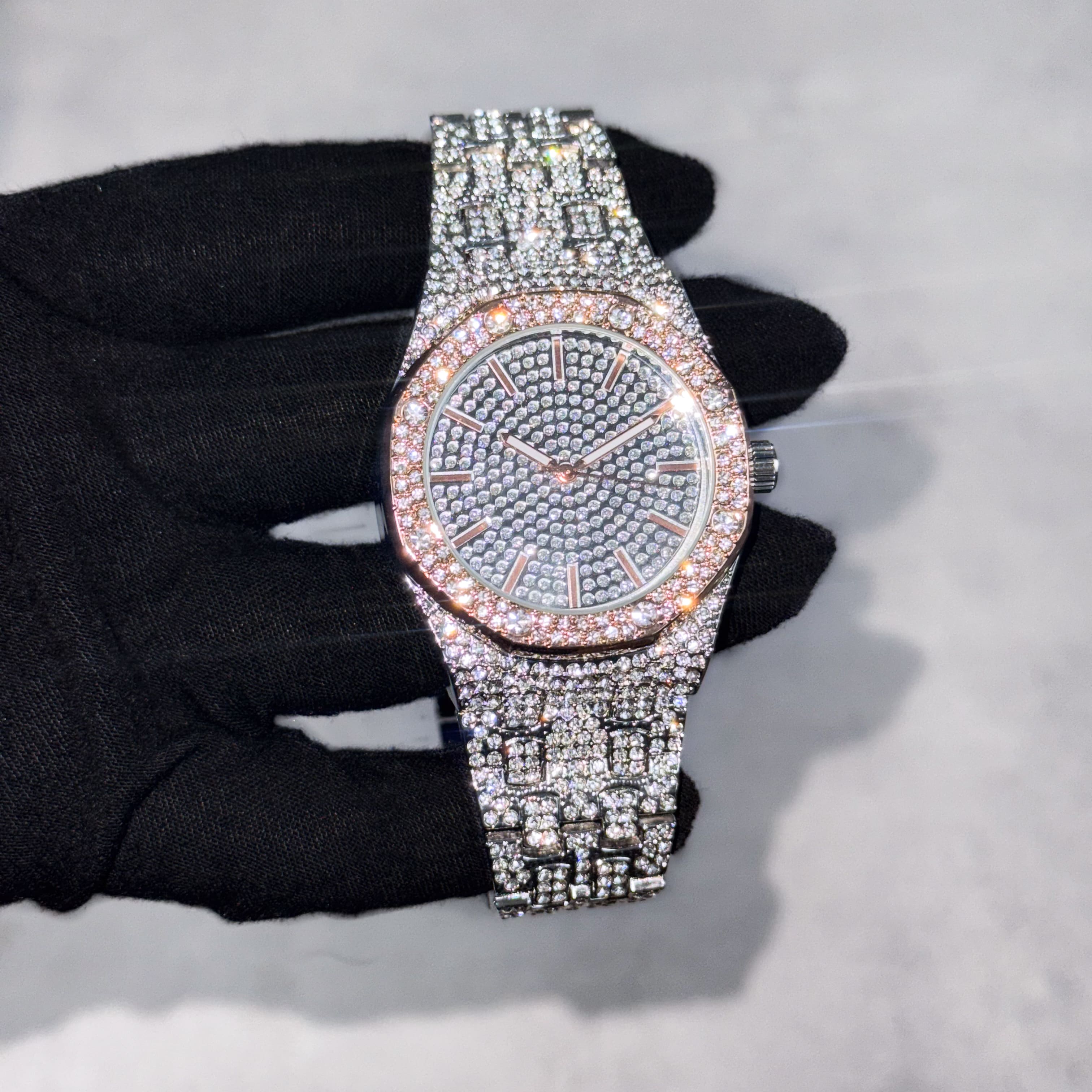 Men's 40mm Iced Out Octagon Watch - Metal Band, Quartz Movement