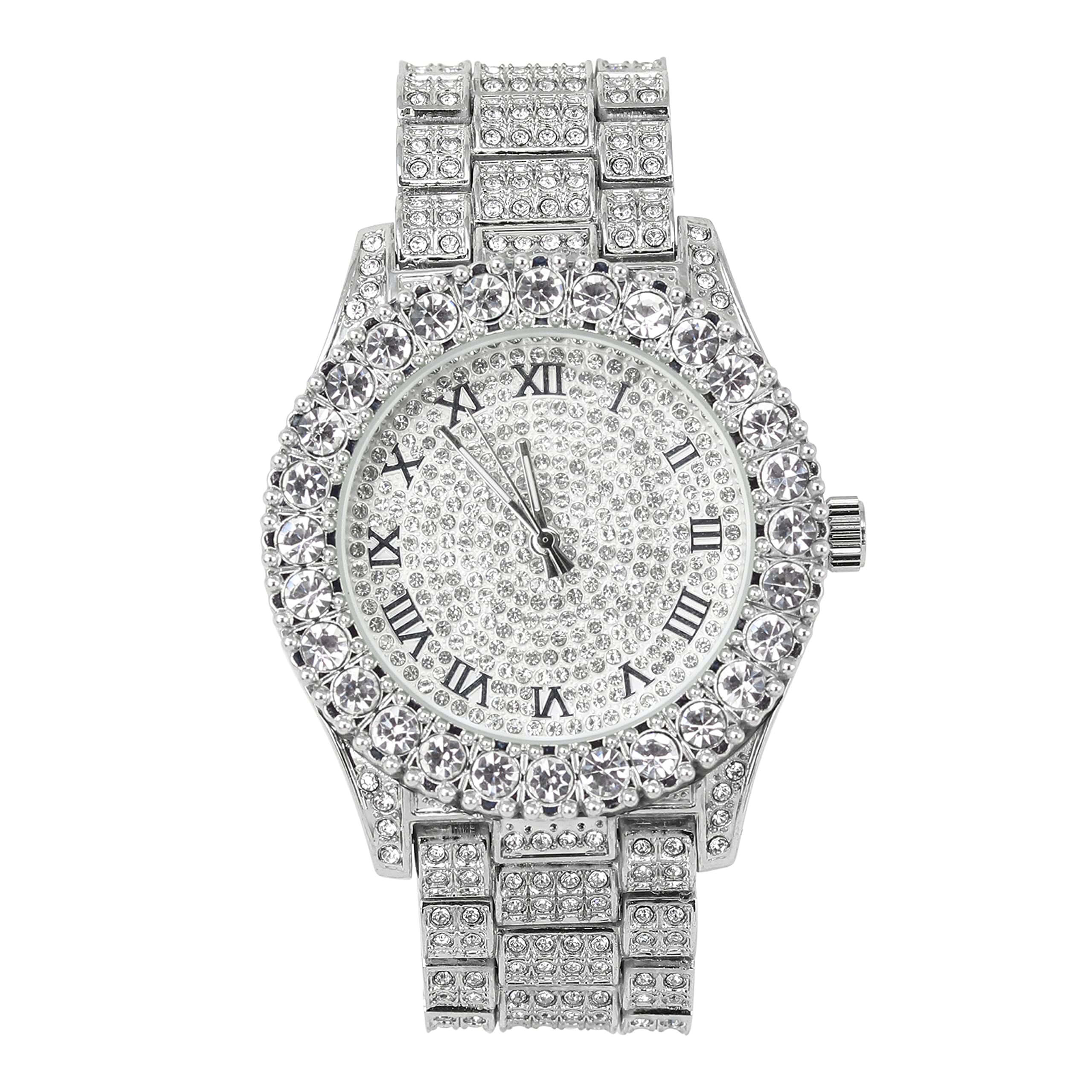 Women’s 44mm Fully Iced Out Solitaire Bezel Watch - Metal Band, Quartz Movement