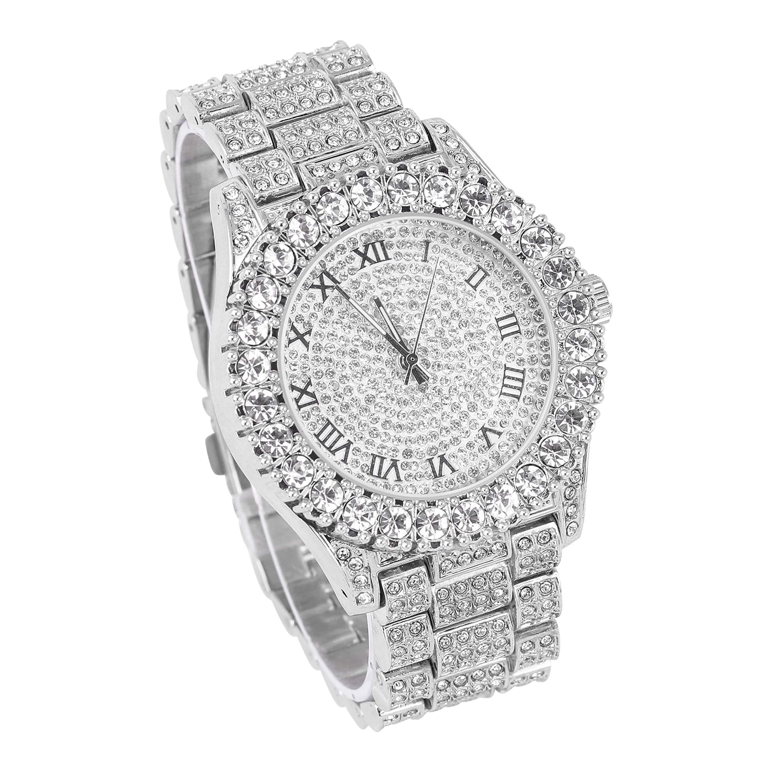 Women’s 44mm Fully Iced Out Solitaire Bezel Watch - Metal Band, Quartz Movement