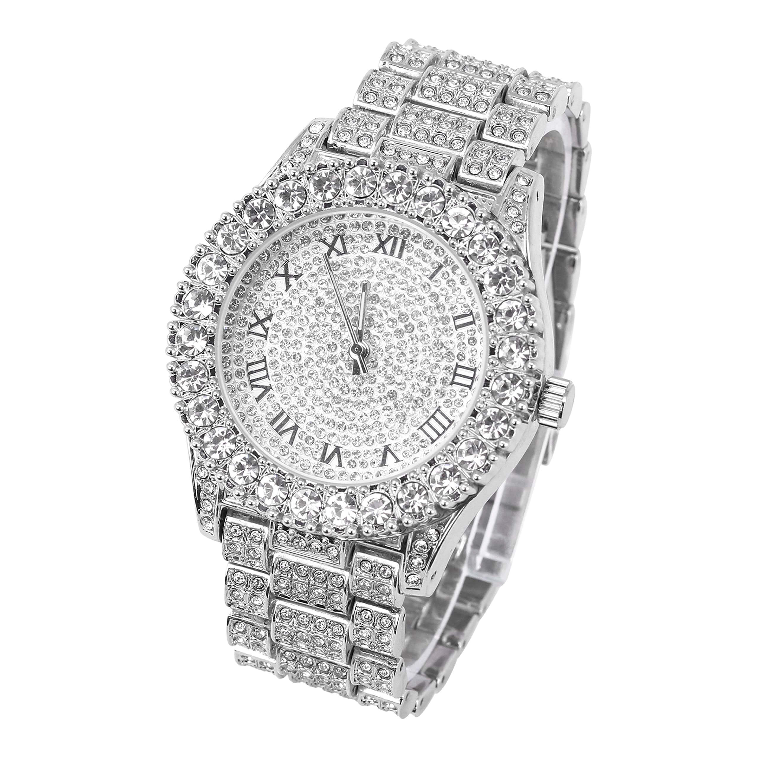 Women’s 44mm Fully Iced Out Solitaire Bezel Watch - Metal Band, Quartz Movement