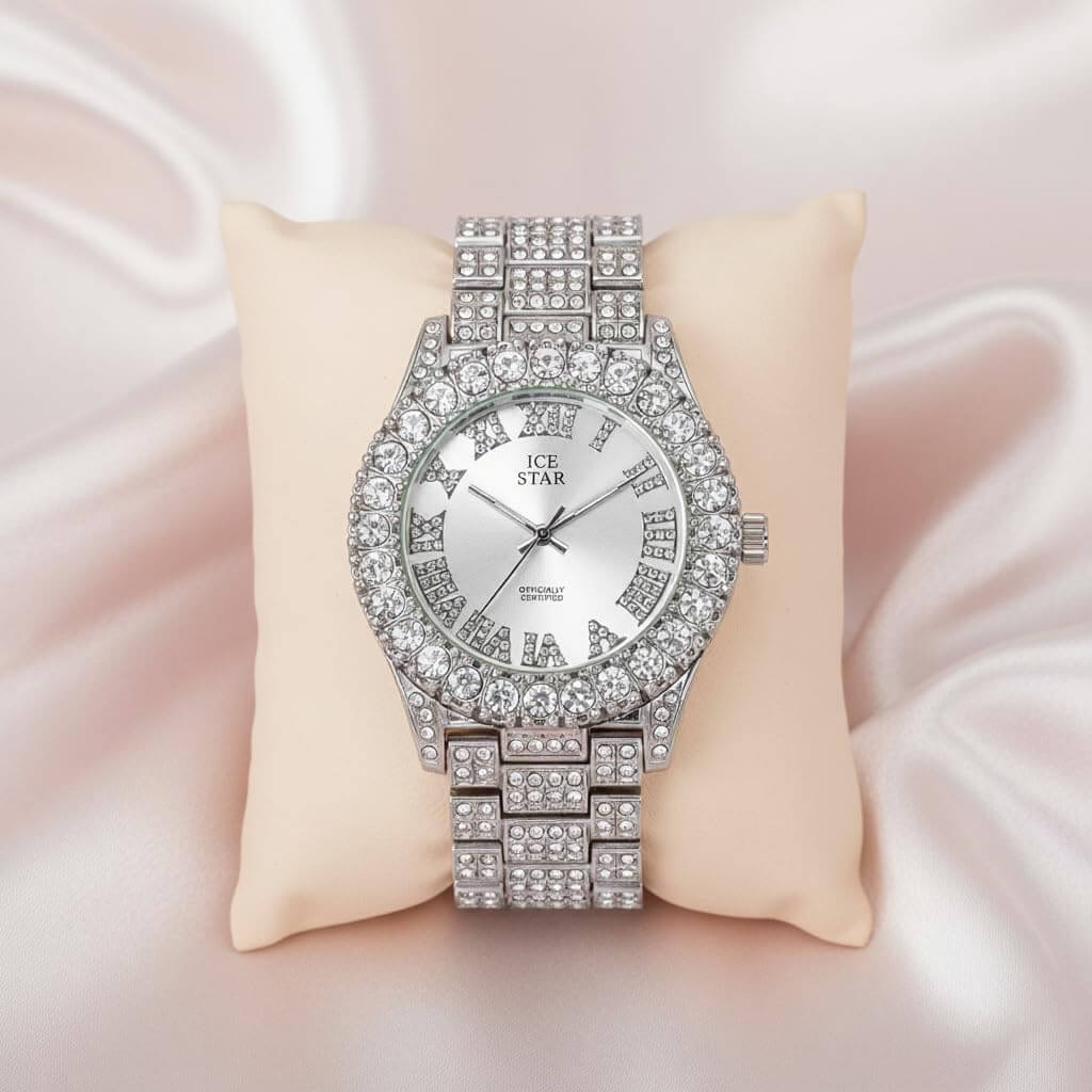 Women’s 44mm Iced Out Solitaire Bezel Watch - Metal Band, Quartz Movement