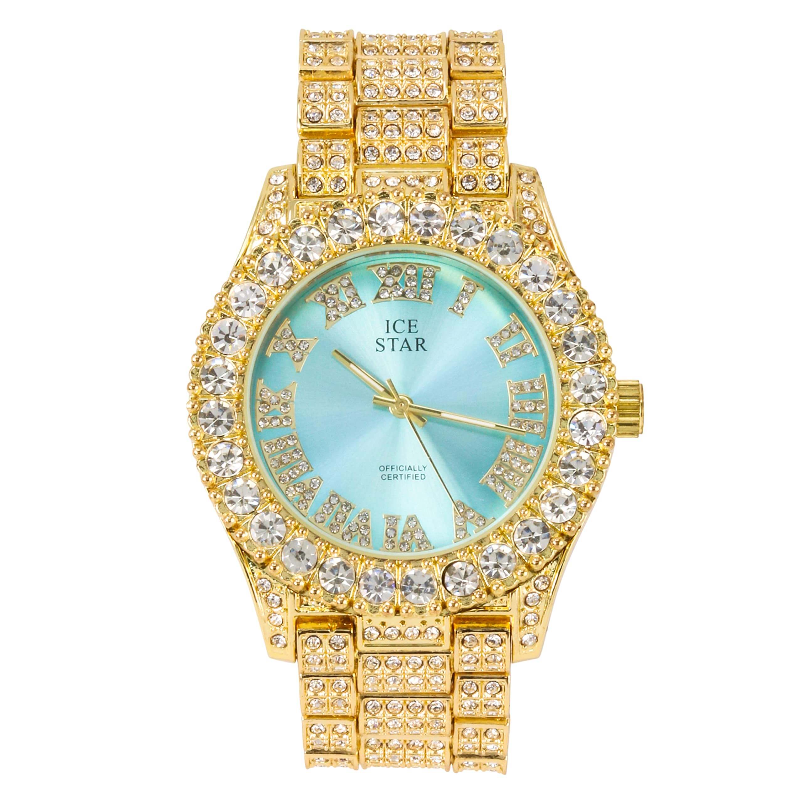Women’s 44mm Iced Out Solitaire Bezel Watch - Metal Band, Quartz Movement