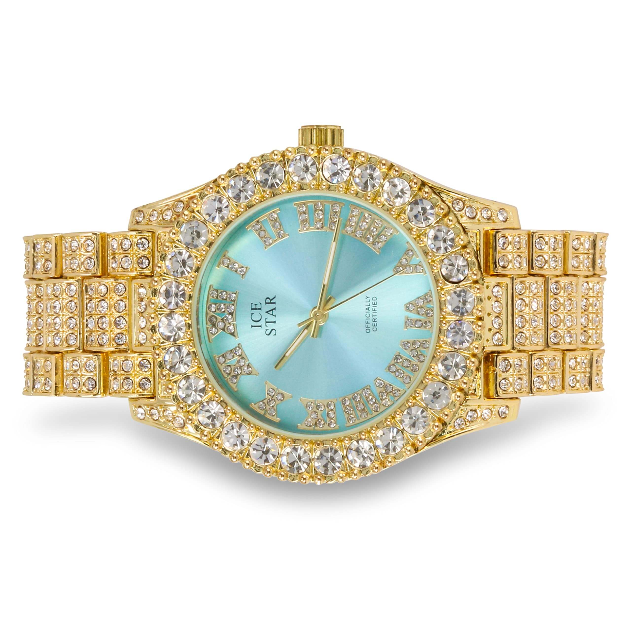 Women’s 44mm Iced Out Solitaire Bezel Watch - Metal Band, Quartz Movement