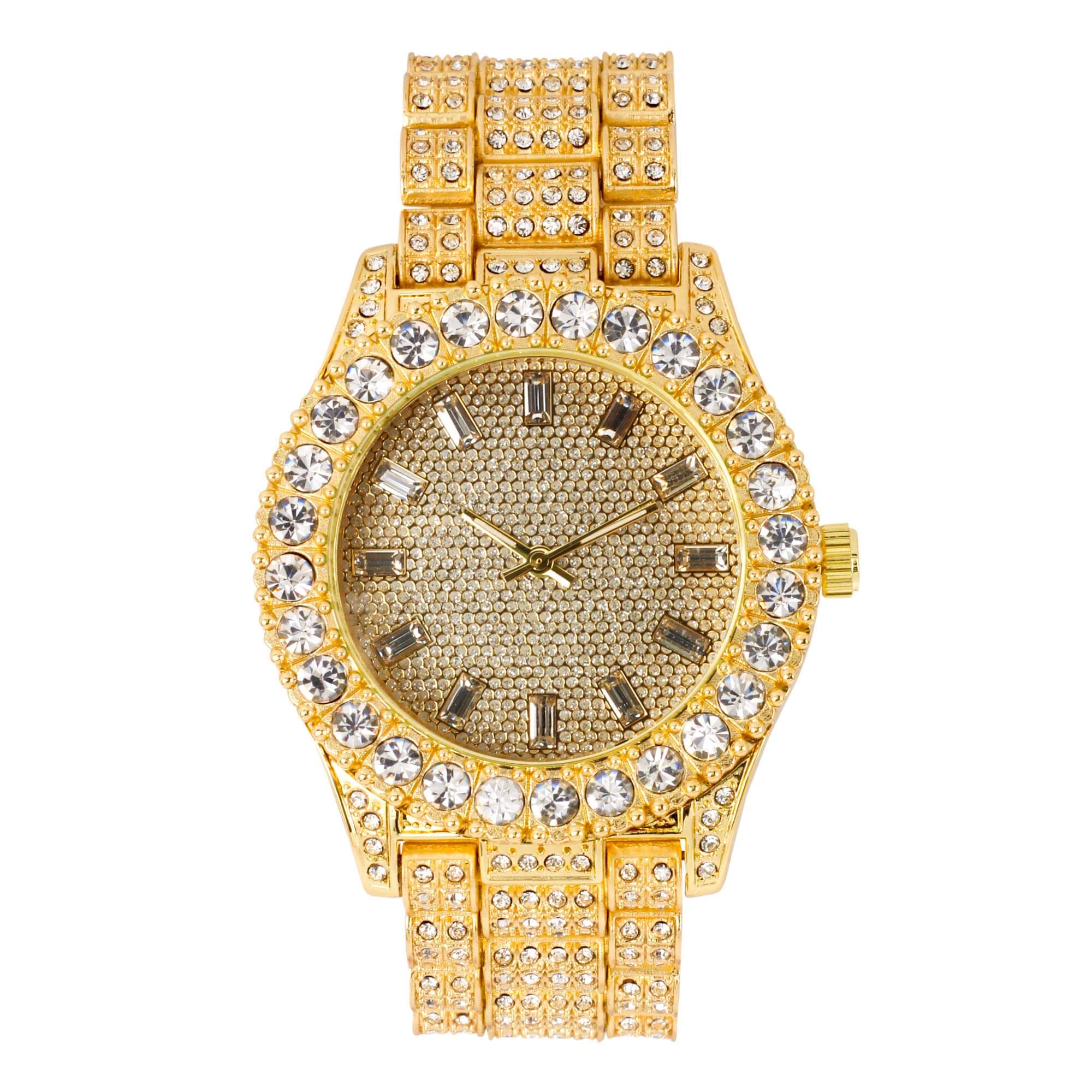Women’s 44mm Iced Out Baguette Dial Watch - Metal Band, Quartz Movement