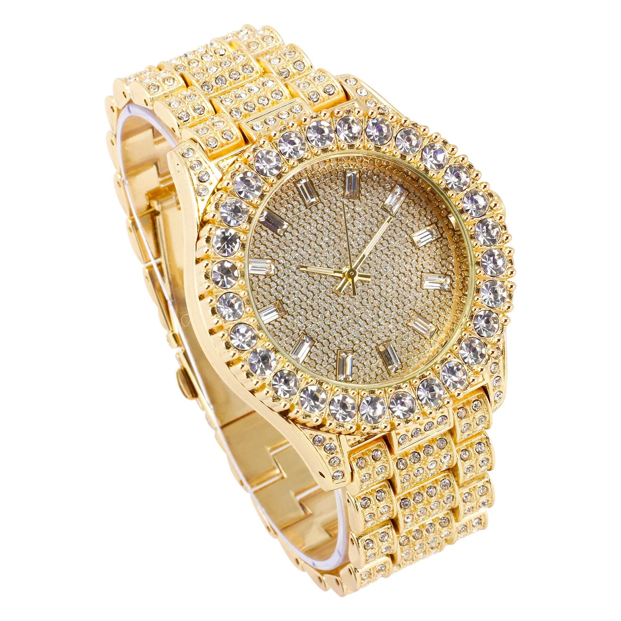 Women’s 44mm Iced Out Baguette Dial Watch - Metal Band, Quartz Movement