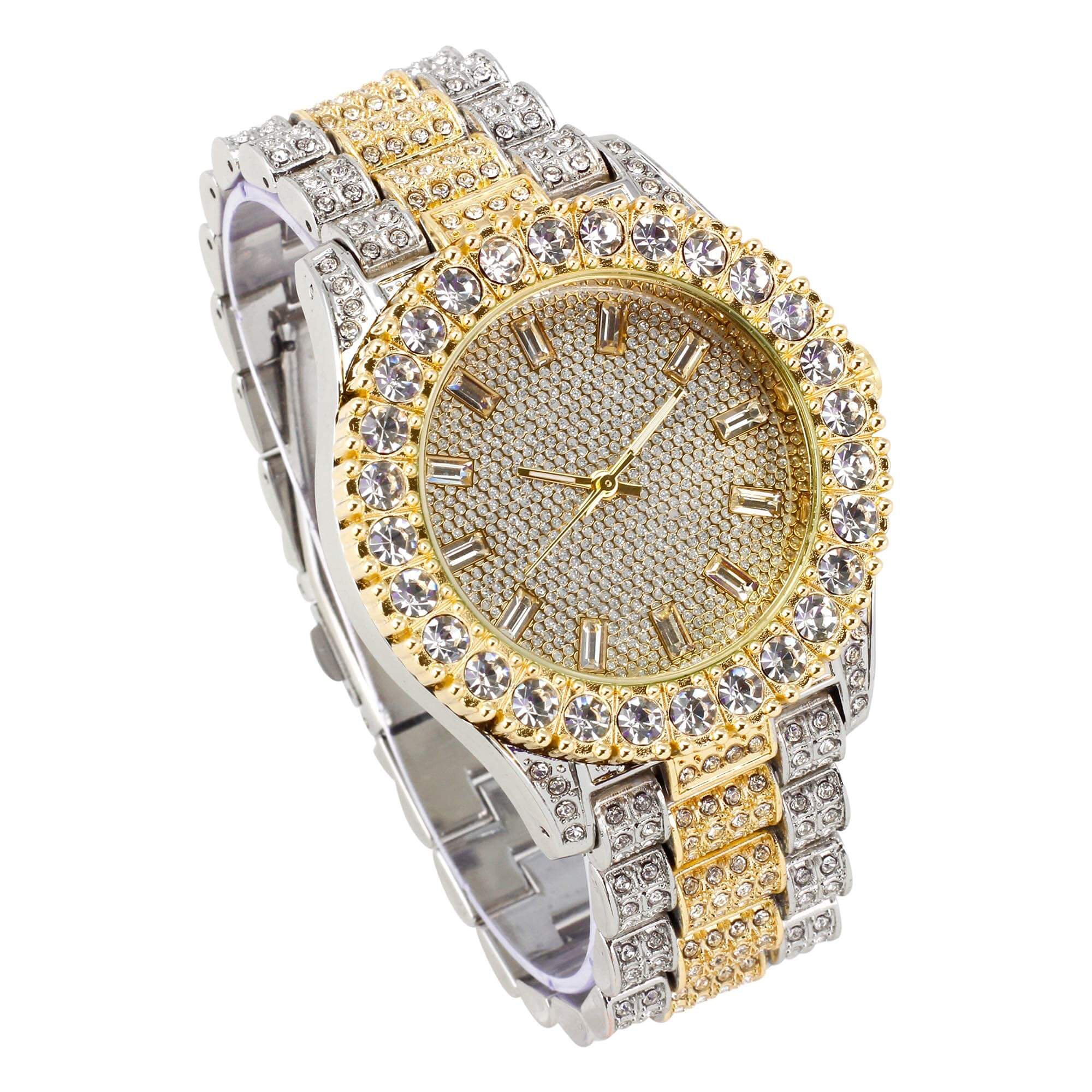 Women’s 44mm Iced Out Baguette Dial Watch - Metal Band, Quartz Movement