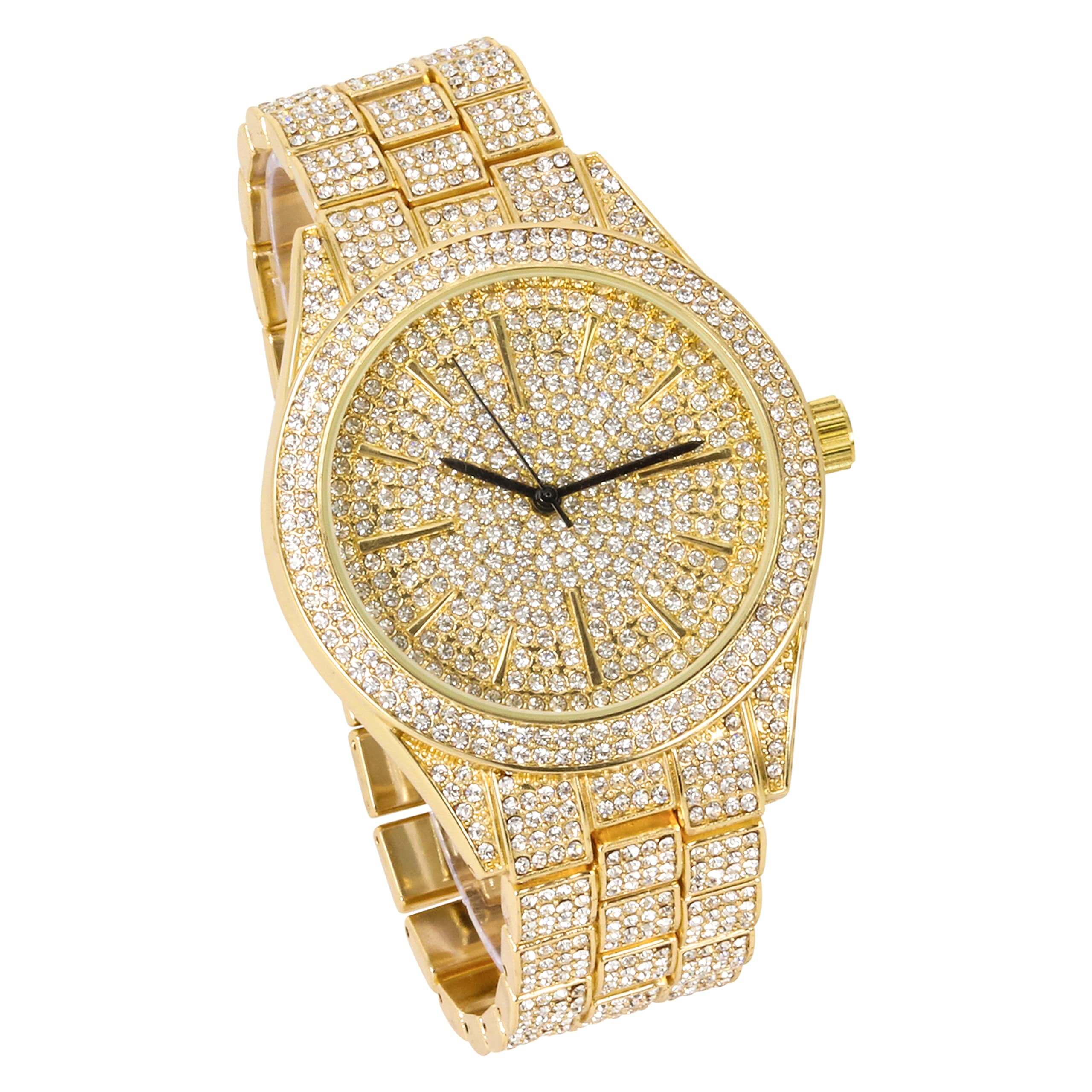 Men’s 42mm Iced Out Round Watch - Metal Band, Quartz Movement
